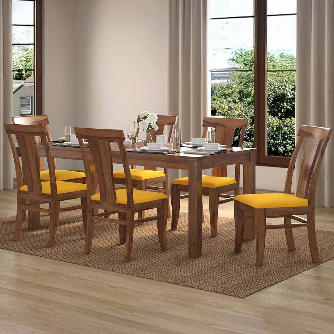 Arabia-Fabio 6 Seater Dining Table With Set Of 6 Chairs (Colour- Matty Yellow, Finish- Teak)