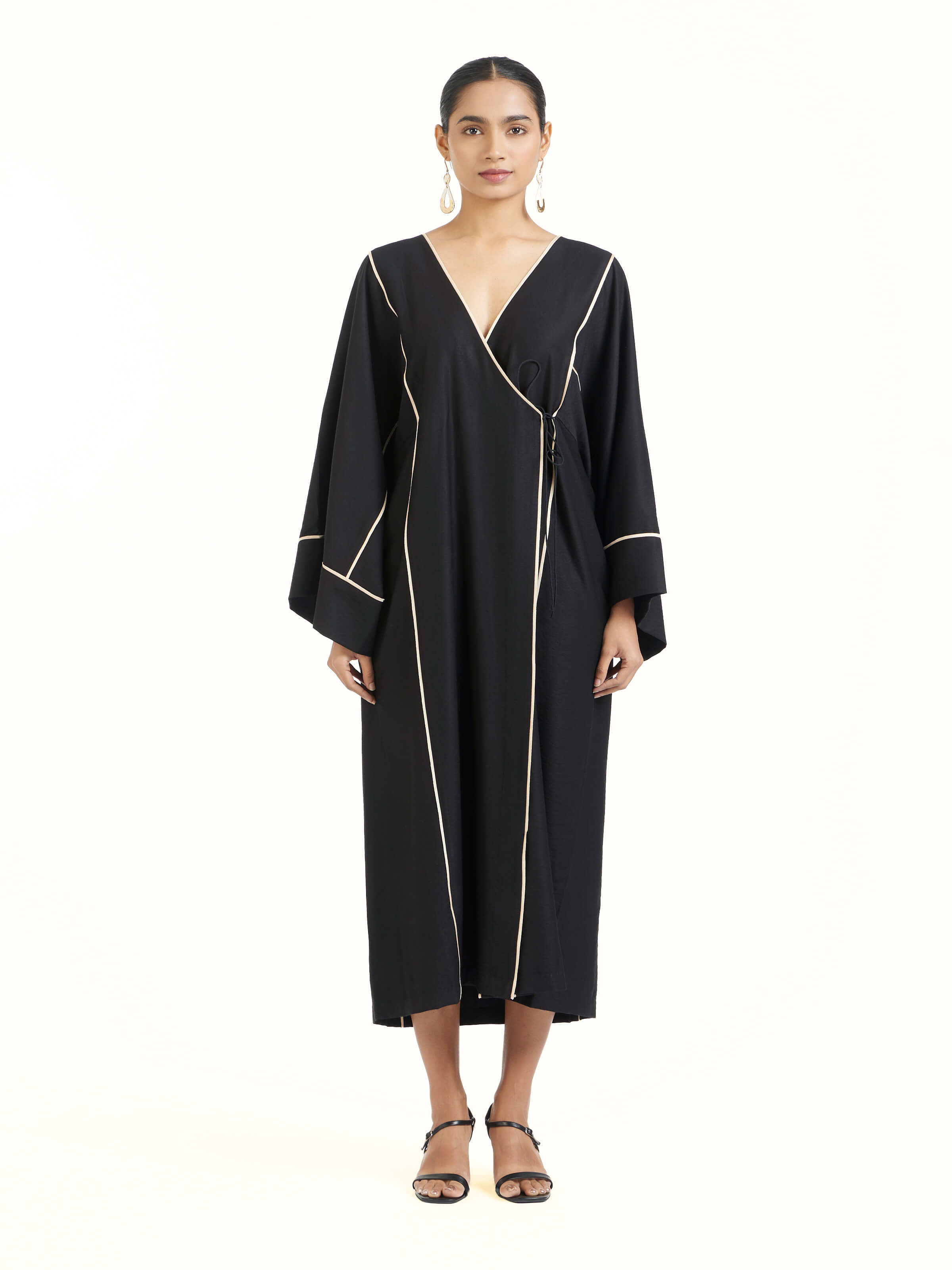 Front view of black shibori kimono dress with traditional resist-dye patterns