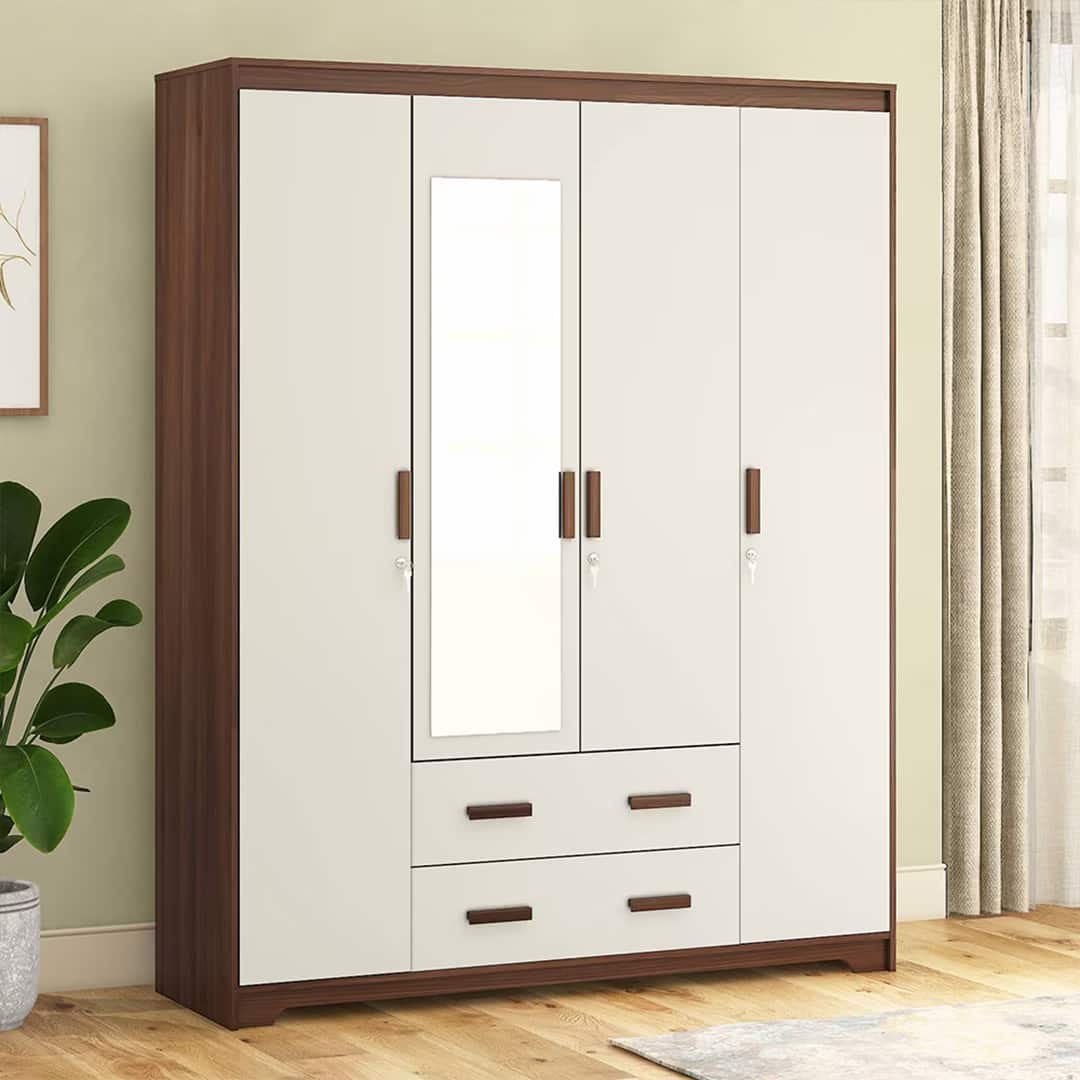 Miller 4 Doors 2 Drawers Wardrobe With Mirror and Lock in Two Tone Finish - Urban Ladder