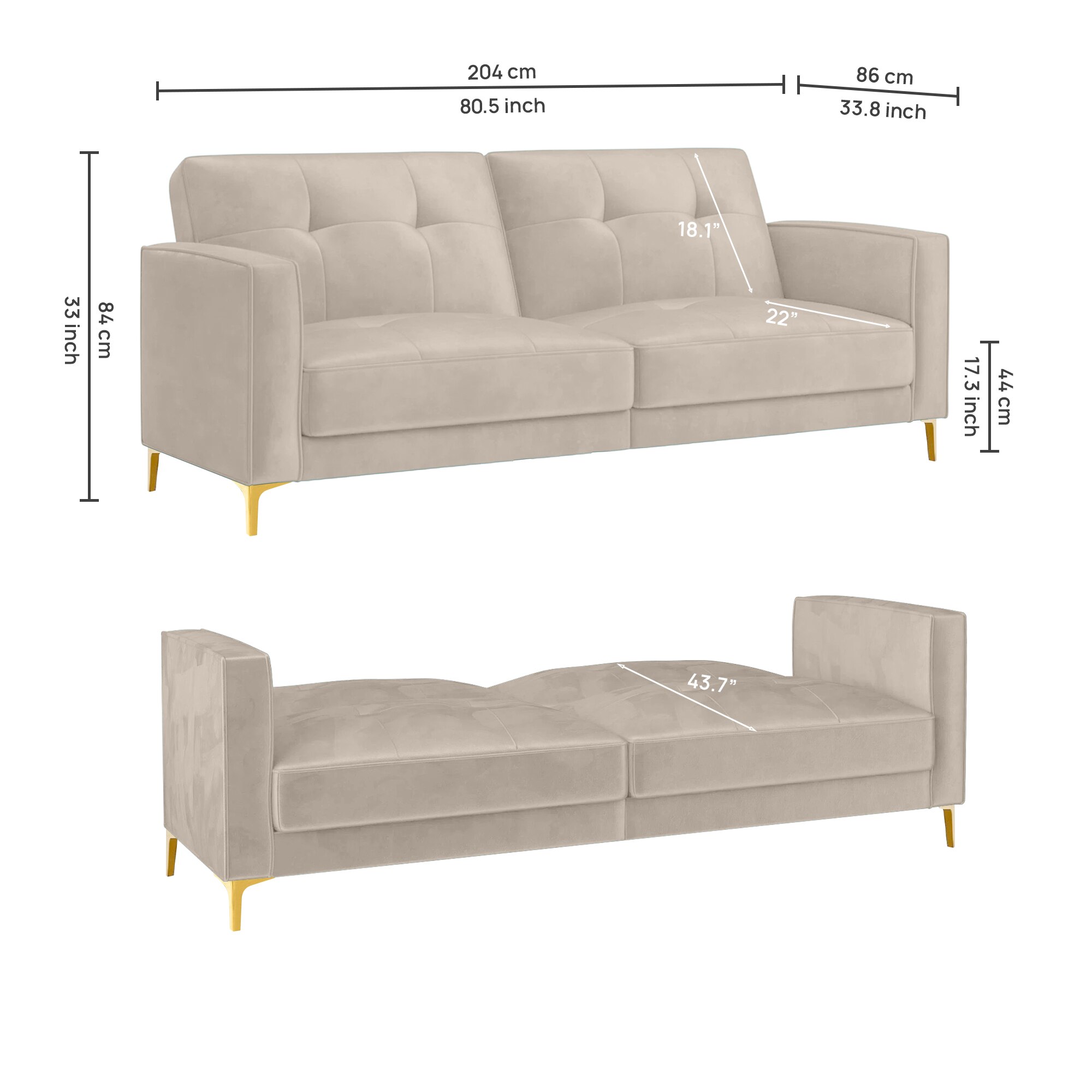 Novelle 3 Seater Velvet Sofa Cum Bed in Cream colour