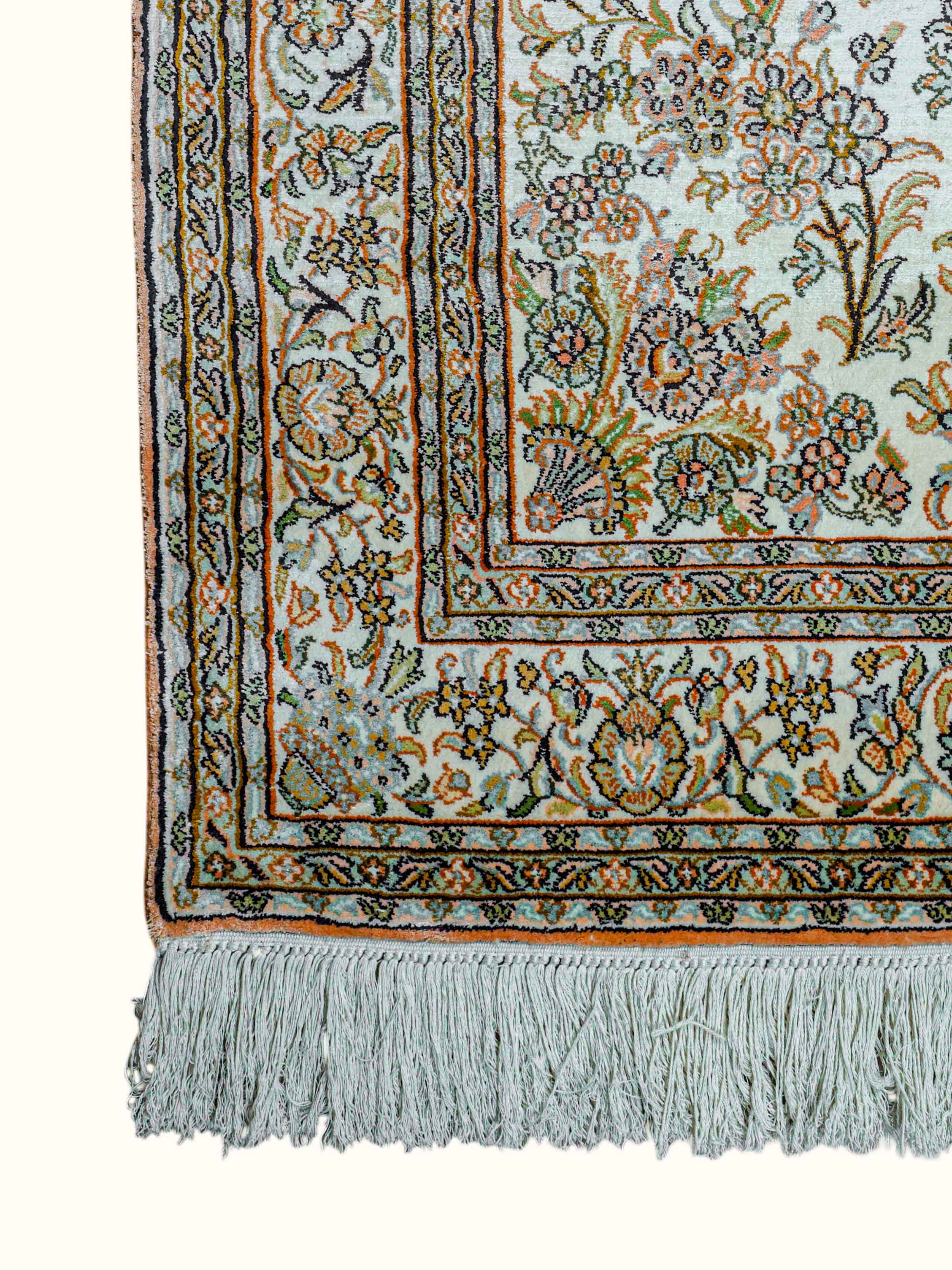 Traditional Persian Ivory Mahal Kashmir Silk Hand-Knotted Carpet