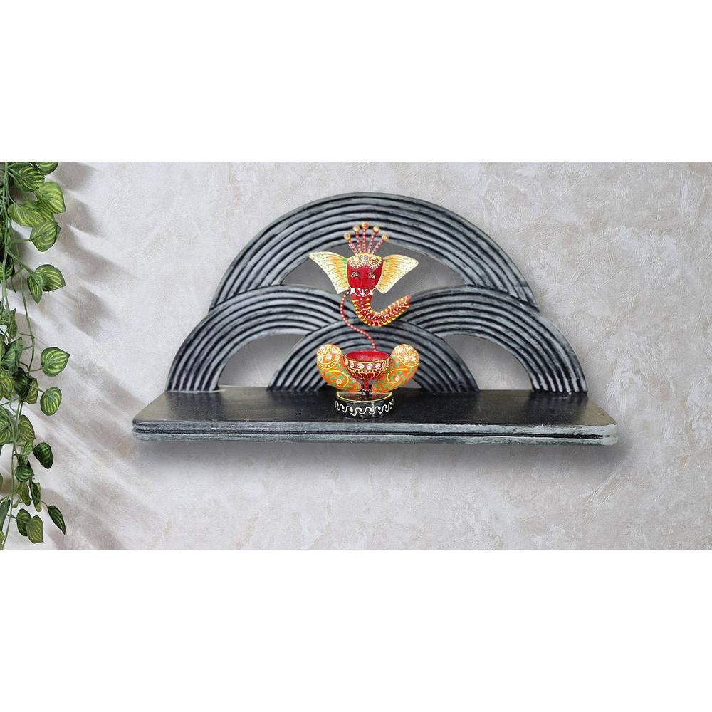 Davis Grey Colour Solid Wood Handcarved Floating Wall shelf in Rainbow Design