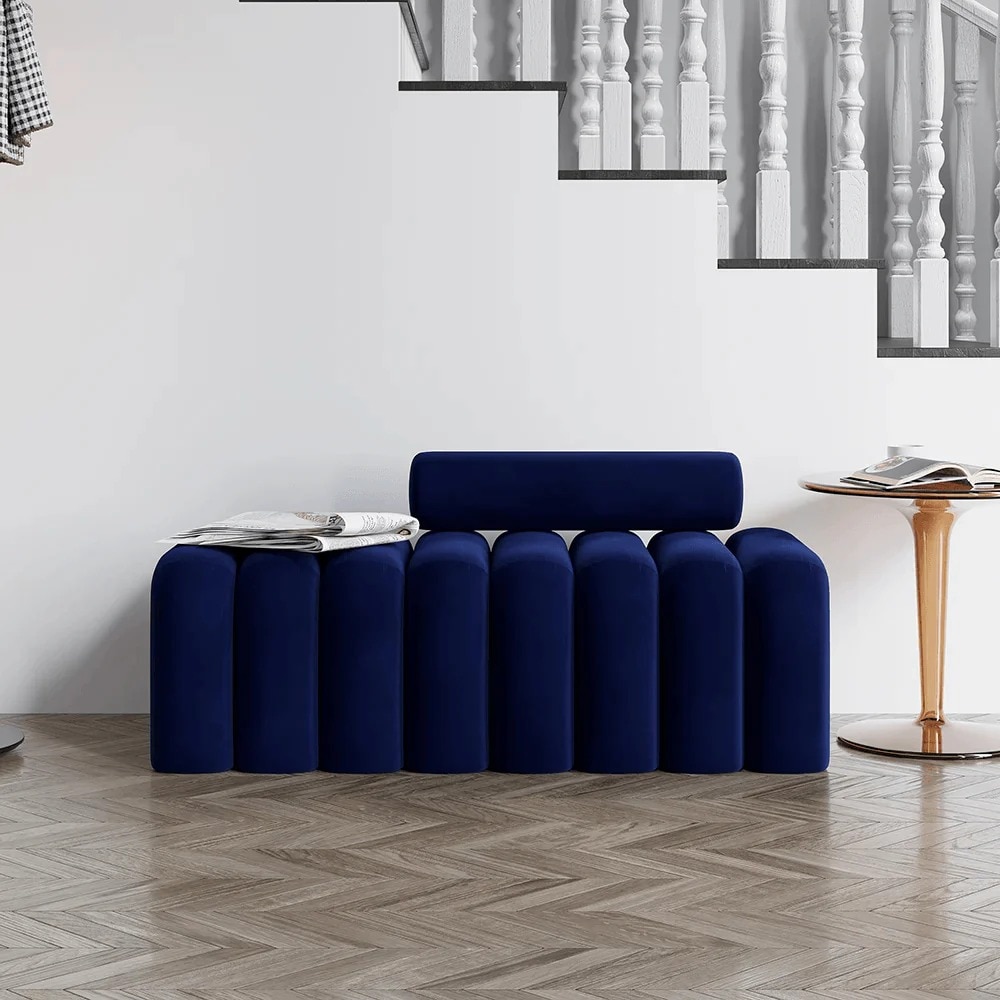 Wooden Twist Veylo Modern Line Design Bench with Round Back Pillow in Blue Colour-picture-16