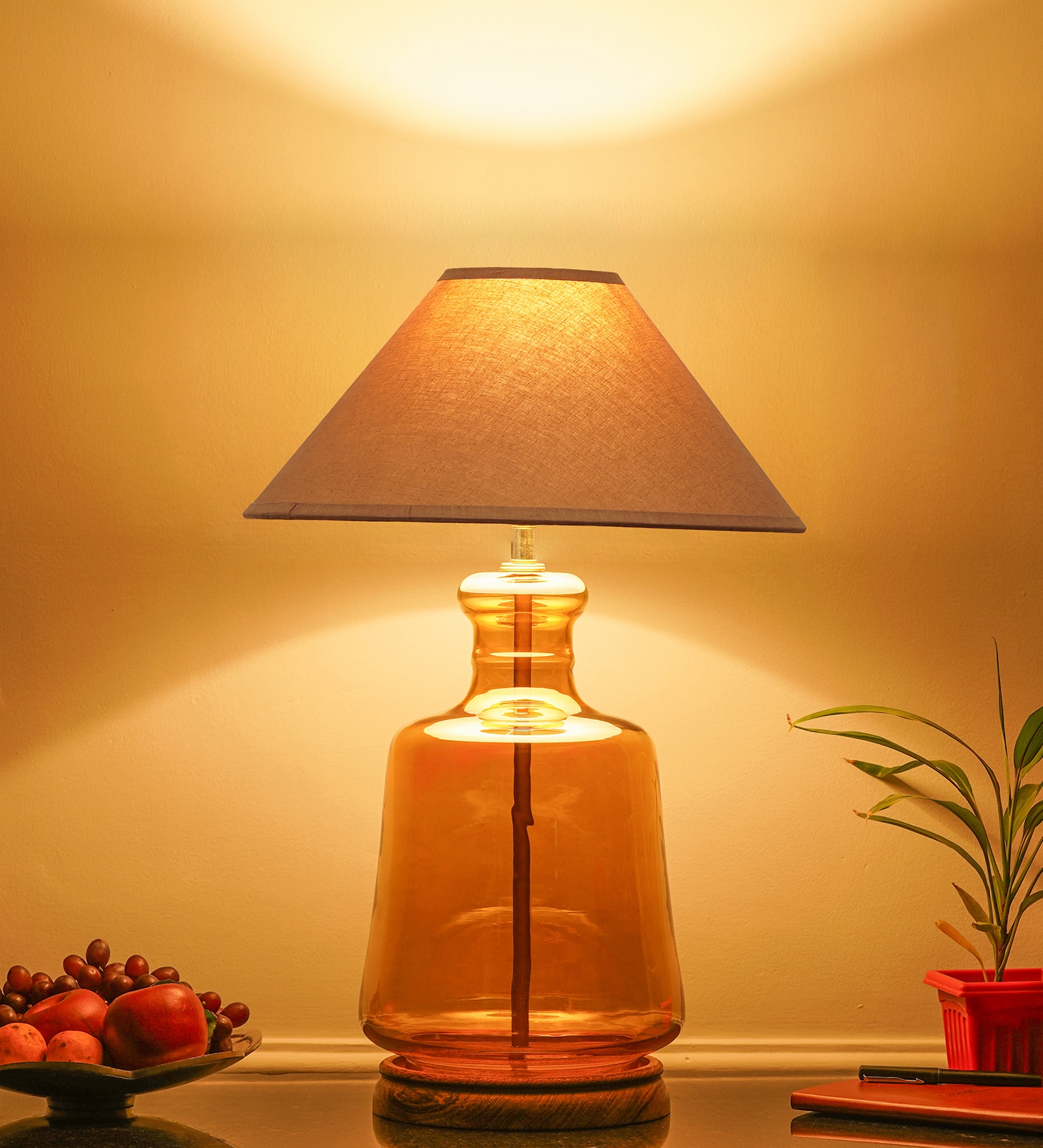 Paola  Amber Glass And Wood Table Lamp With Beige Cotton Shade - Kapoor Lamp Shades