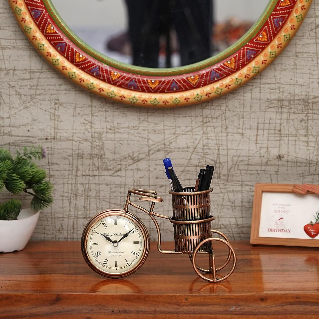Desert Art Metal Handpainted Cycle Pen Stand with Clock in Golden Finish - Desert Art