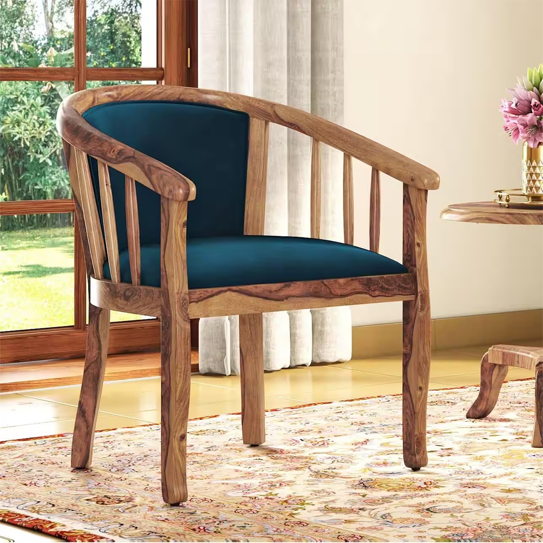 Bella Solid Wood Lounge Chair in Teak Finish and Night Blue Velvet Colour - Urban Ladder