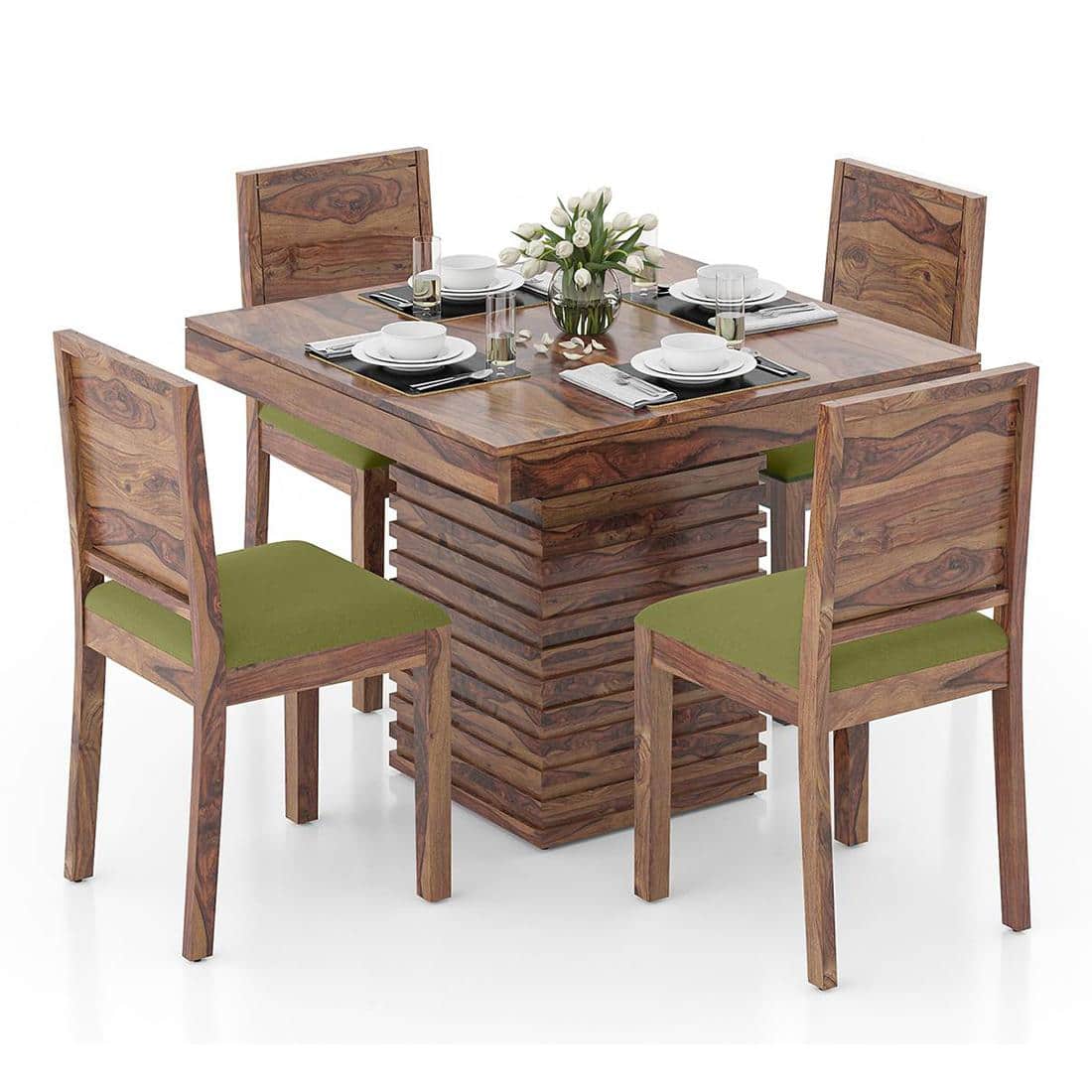 Julian 4 Seater Dining Table With Set Of 4 Oribi Upholstered Dining Chairs (Colour- Avocado Green, Finish- Teak)