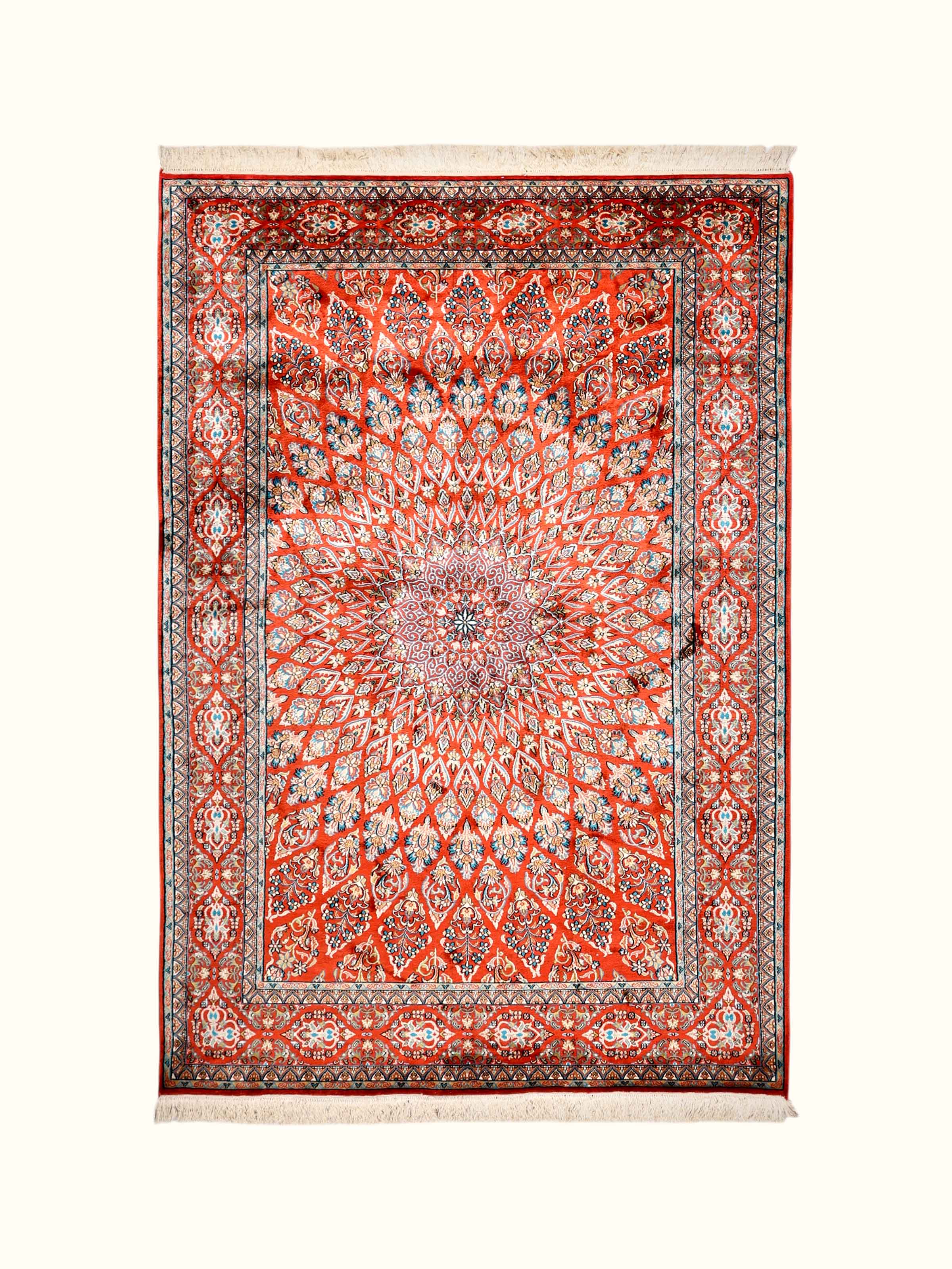 Traditional Persian Rust Gumbad Kashmir Silk Hand-Knotted Carpet