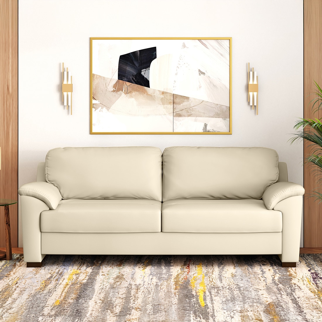 Farina 3 Seater Half Leather Sofa In Creme Fraiche Italian Leather - Urban Ladder