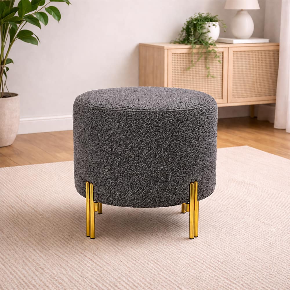 Doe Buck Premium Boucle Round Ottoman in Matte Grey Colour with Polished Gold Legs - Doe Buck