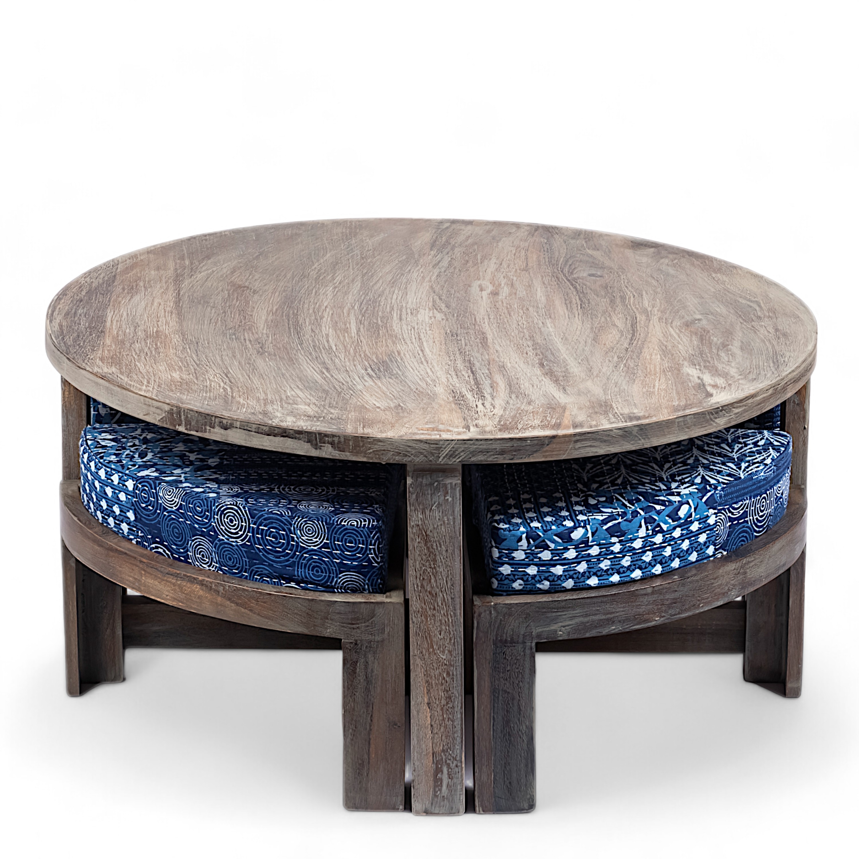 Nashville Sheesham Wood 4 Seater Coffee Table Set In Antique Grey Finish Indigo Patch Kantha Cushion