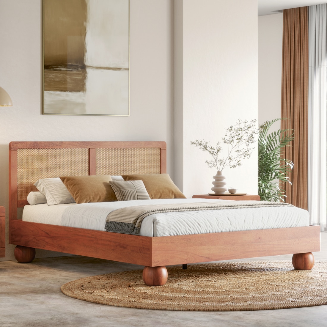 Takai Solid Wood And Cane King Size Non Storage Bed In Red Cedar Finish