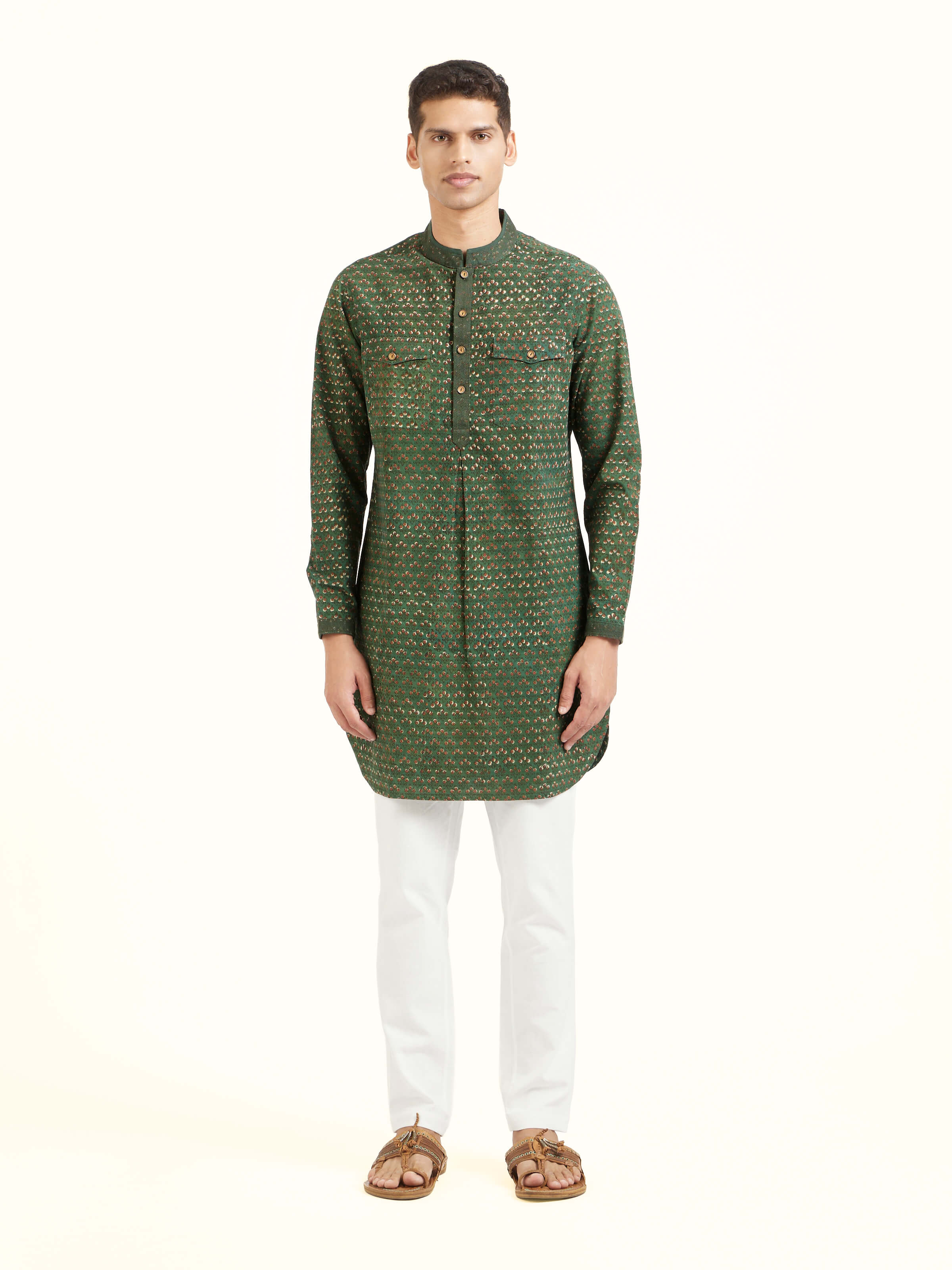 ront view of teal cotton phad block printed kurta showcasing traditional block print motifs