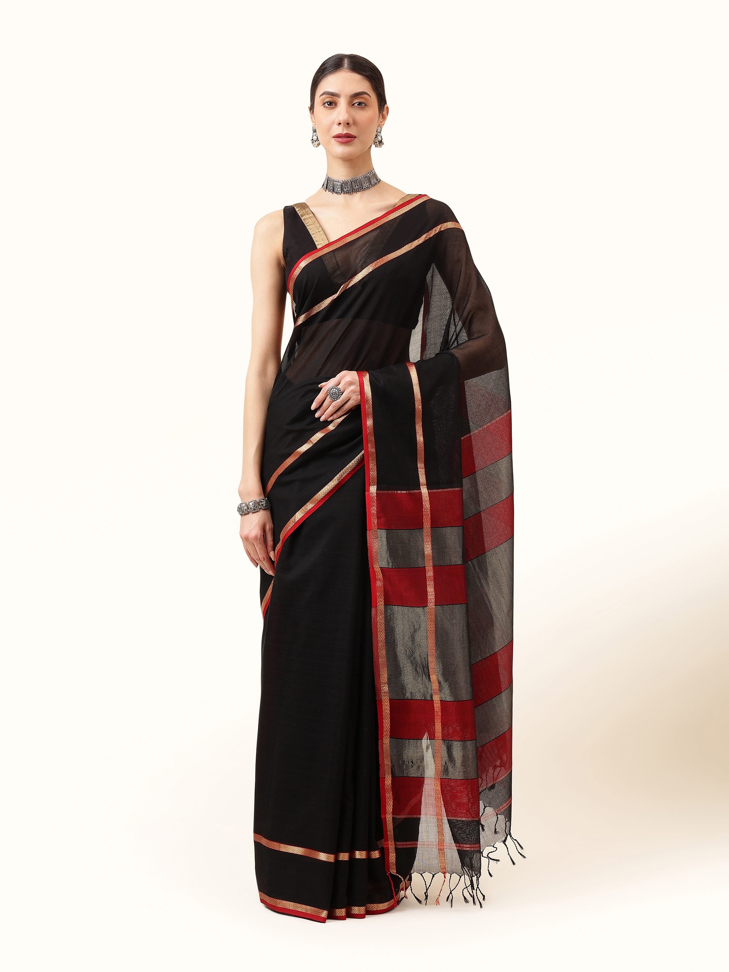 Front view of black cotton silk Maheshwari saree with traditional border