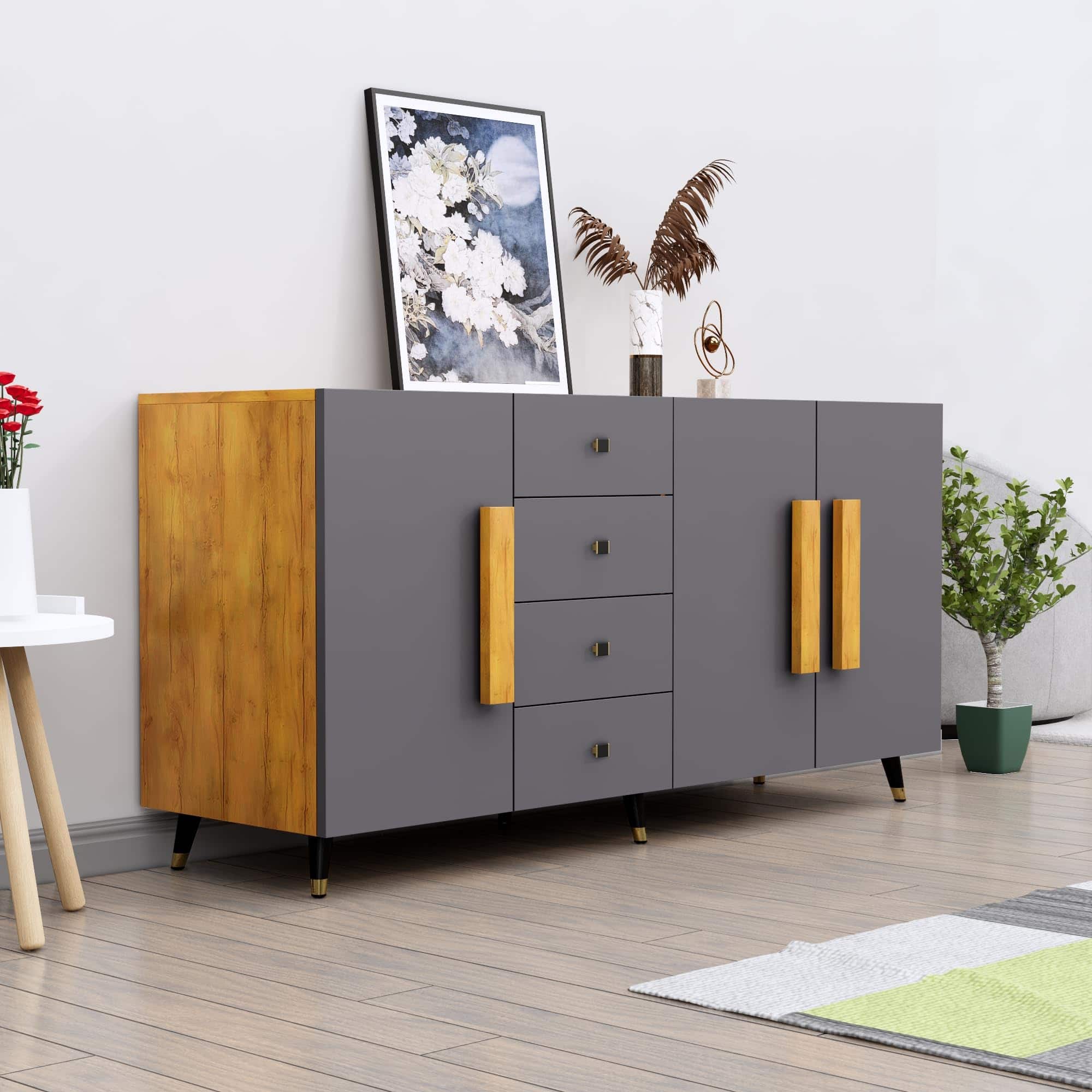 Hexa Red Multipurpose Storage Cabinet With 4 Drawer 3 Door in Giant Wood And Slate Grey Colour - HexaRed