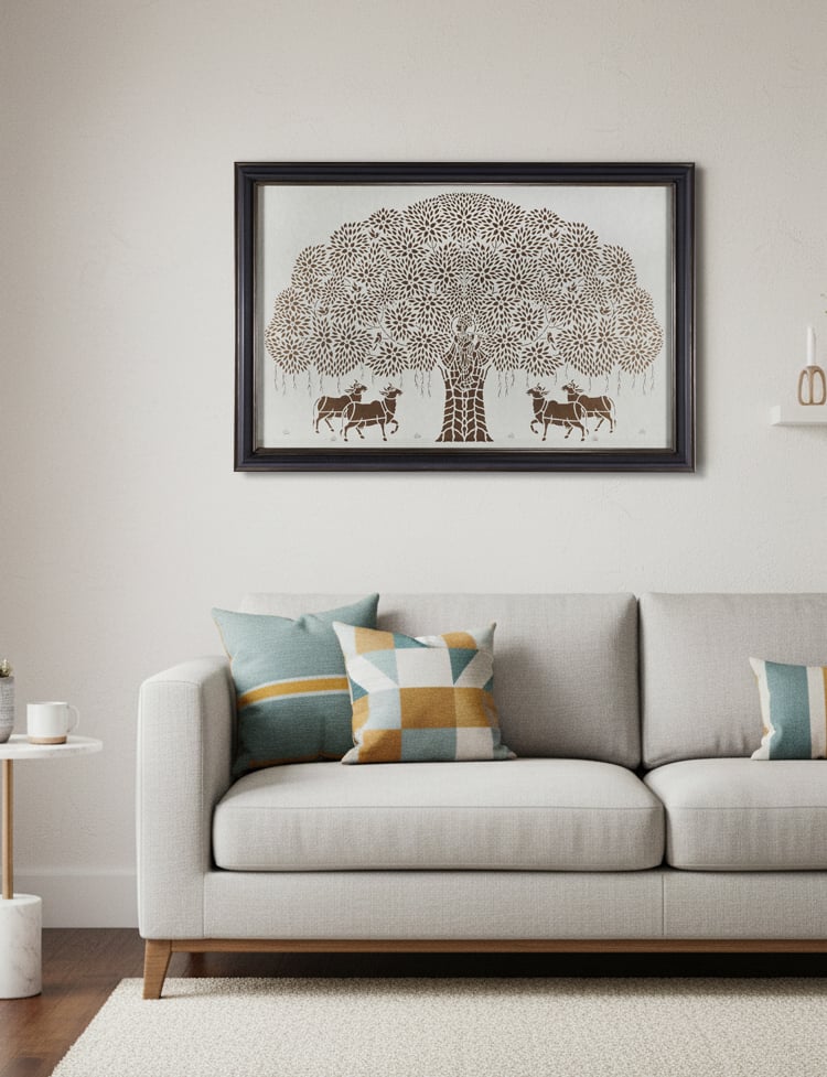 Lifestyle view of sanjhi paper stencil cows under krishna tree wall art traditional decor