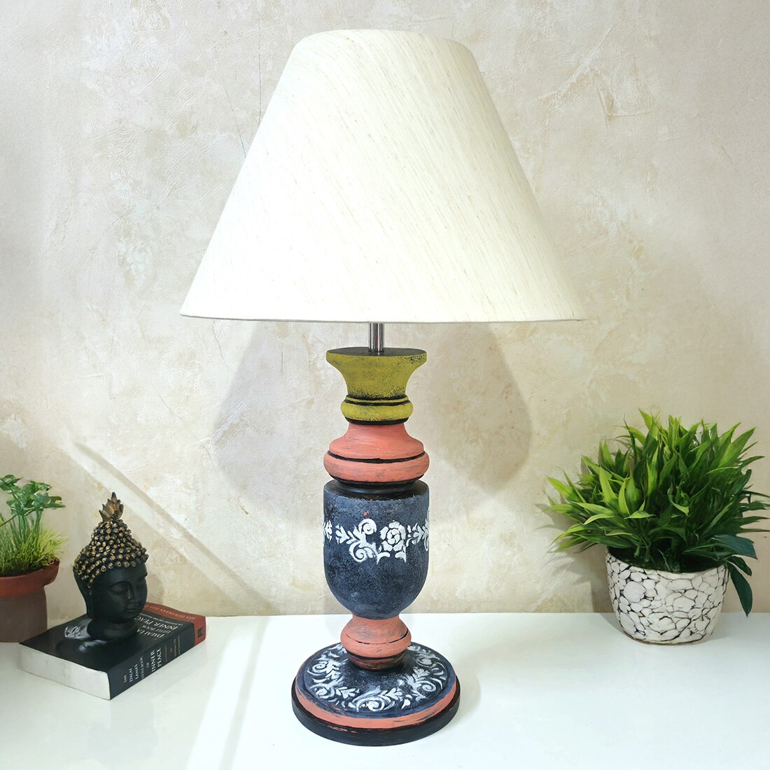 Multicolor Stone Finish Handpainted And Hancarved Distress Wooden Table Lamp