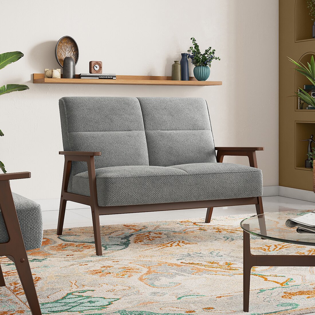 Logan 2 seater wooden sofa in Grey Fabric-image-6