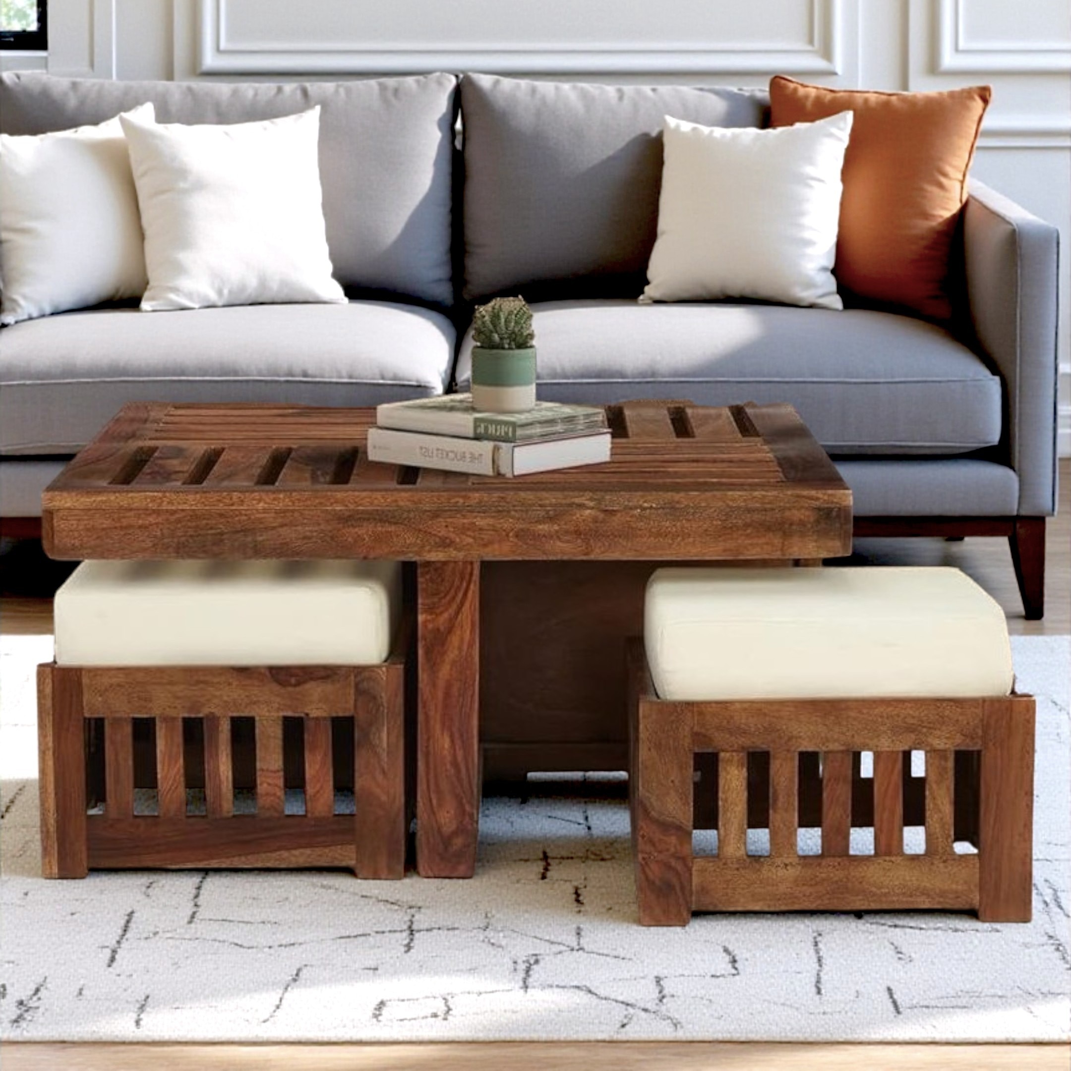 Palladio Sheesham Wood Accent Coffee Table Set With 4 Stools In Natural Teak Finish