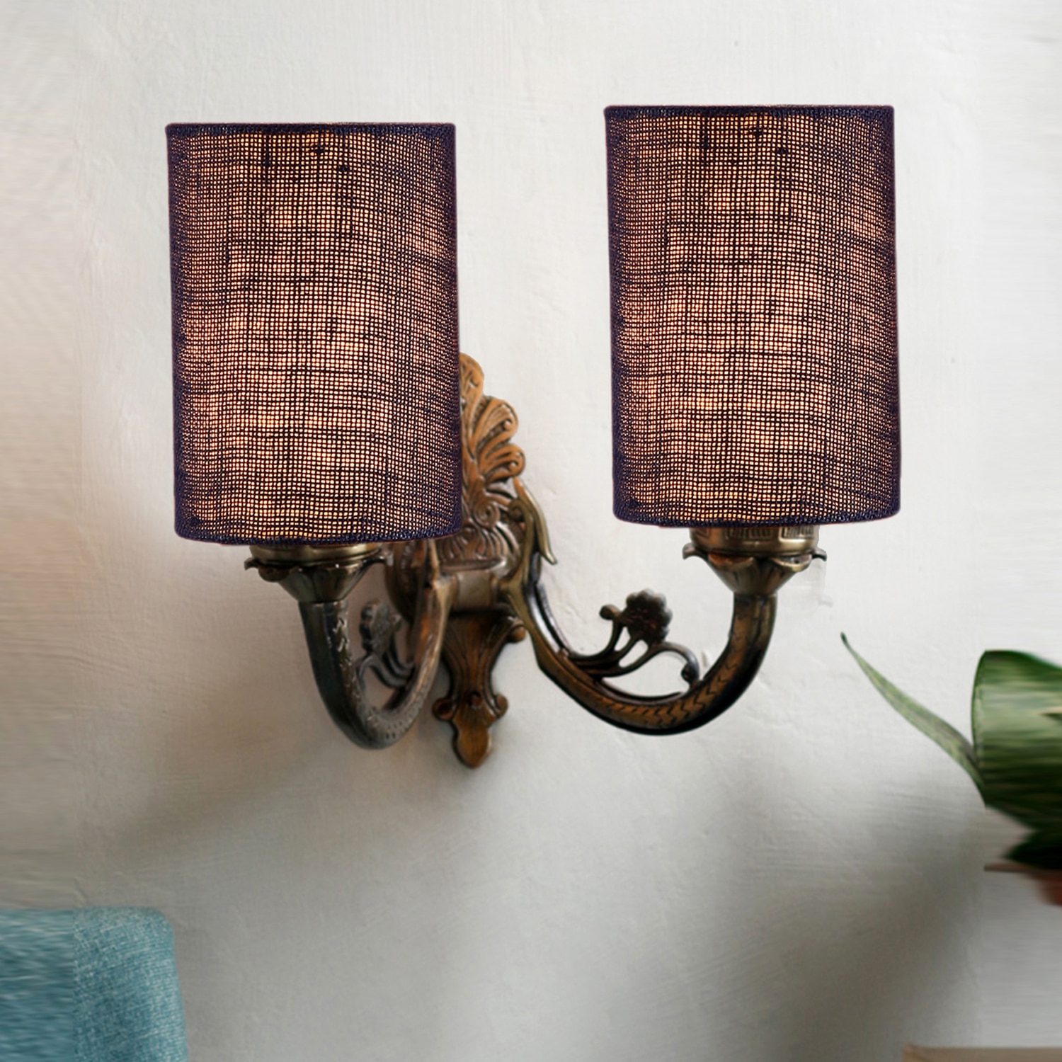 Devansh Metal Electric Wall Light in Antique Gold Colour with Blue Shade Count of 2 Lights - Devansh