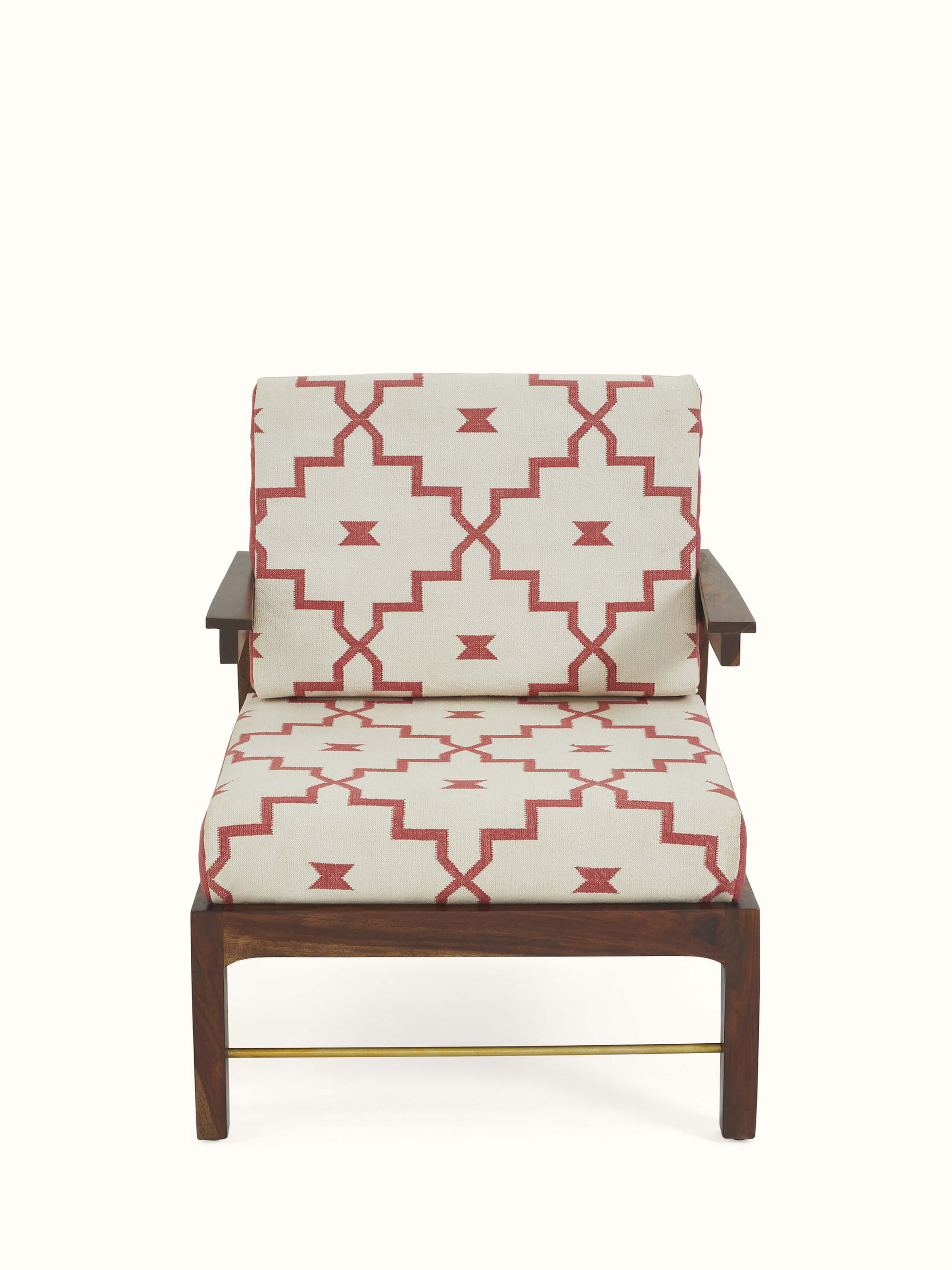 Front view of handloom dhurrie upholstered Sheesham wood armchair by Swadesh – handcrafted ethnic Indian furniture