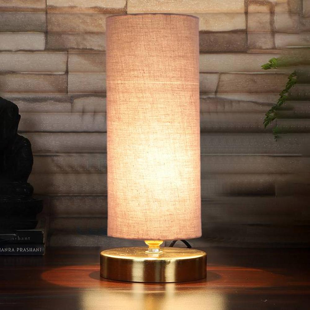 Toro Grey cotton table lamp with Gold wood base