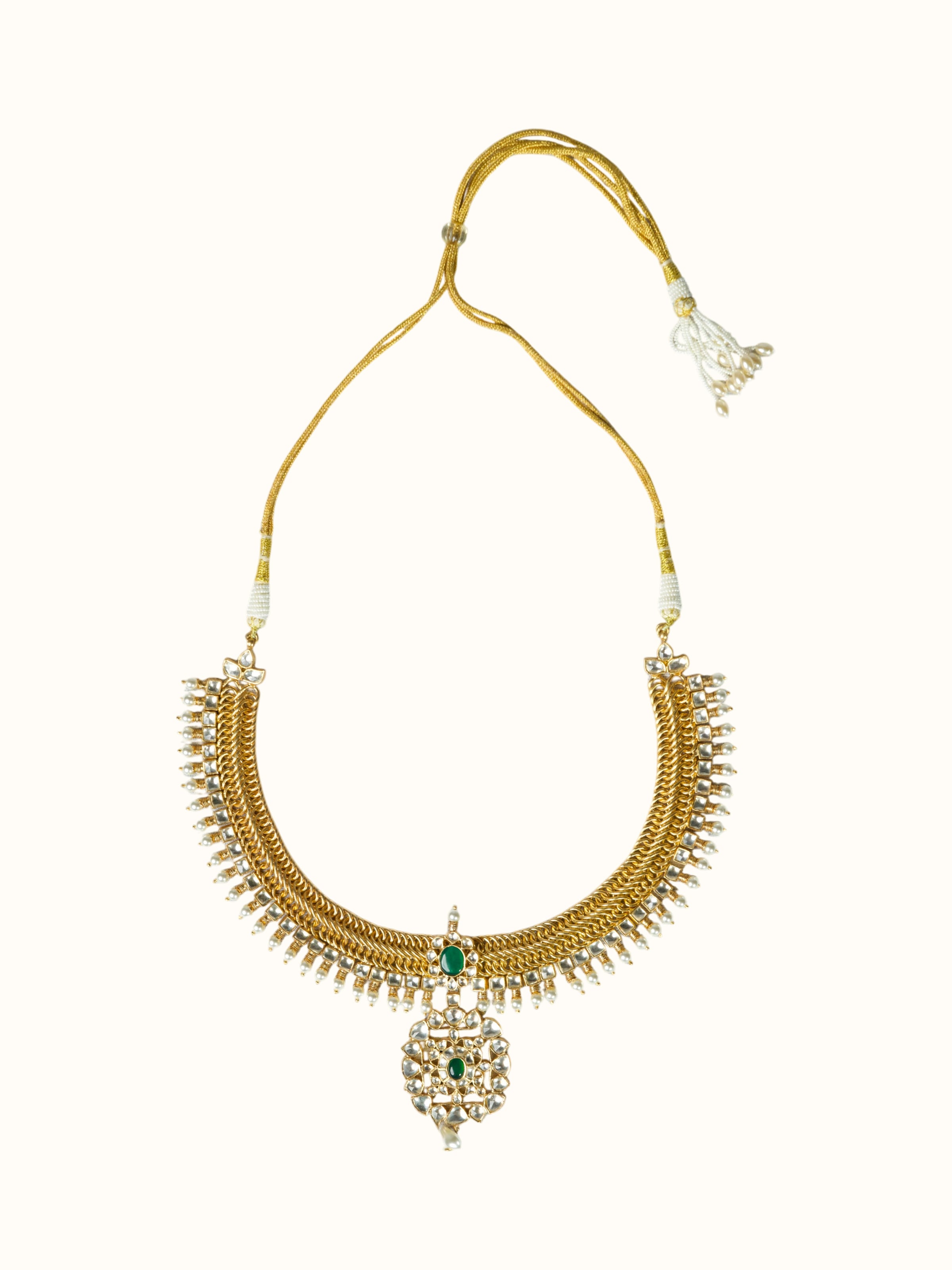 Front view of the Silver Smithing Gold Plated Jadau Necklace