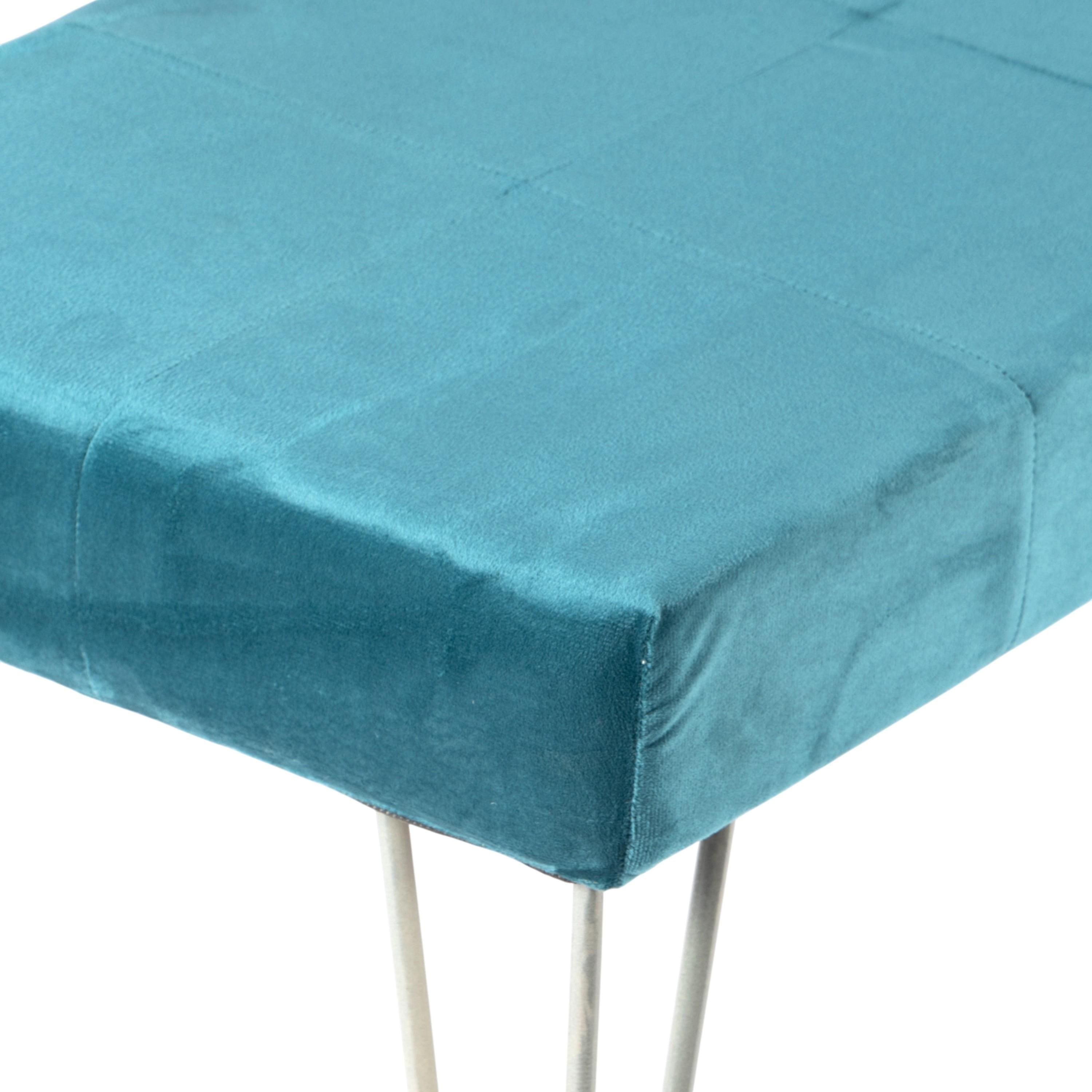 Belmont Sheesham Wood Accent 3 Seater Bench With Metal Legs In Turquoise Sea Velvet