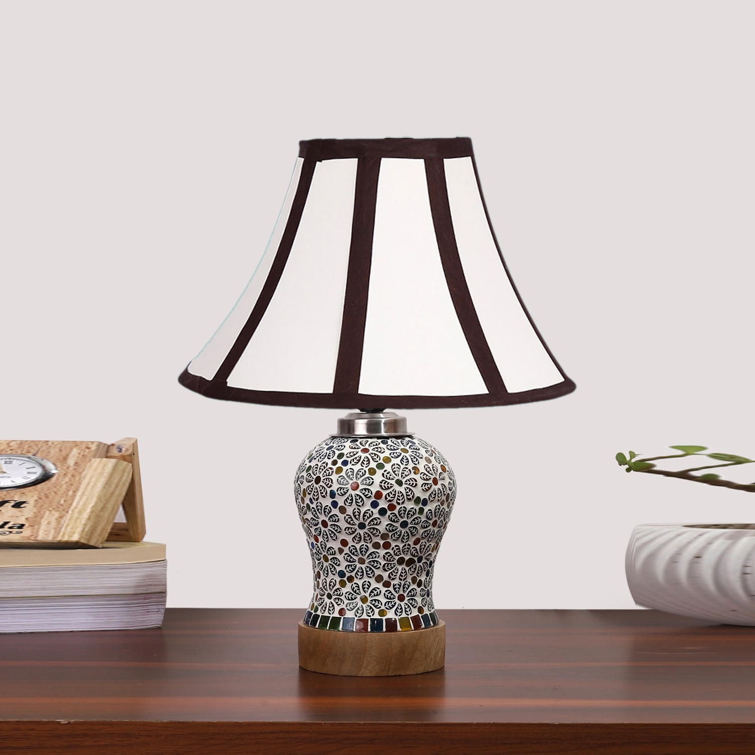 Devansh Multi Cotton Shade Lamp With Wood & Mosaic Glass Base For Decoration/Office/Home/Gifting/Study For Decoration/Office/Home/Gifting/Study - Devansh