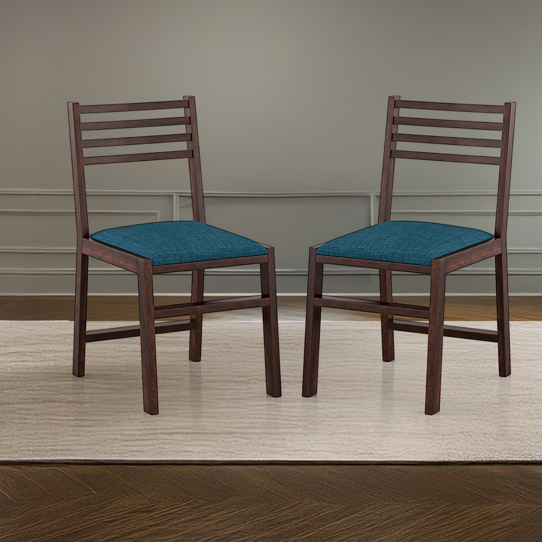 Caprica Solid Wood Dining Chair Set Of 2 In Mango Walnut Finish With Blue Fabric Colour