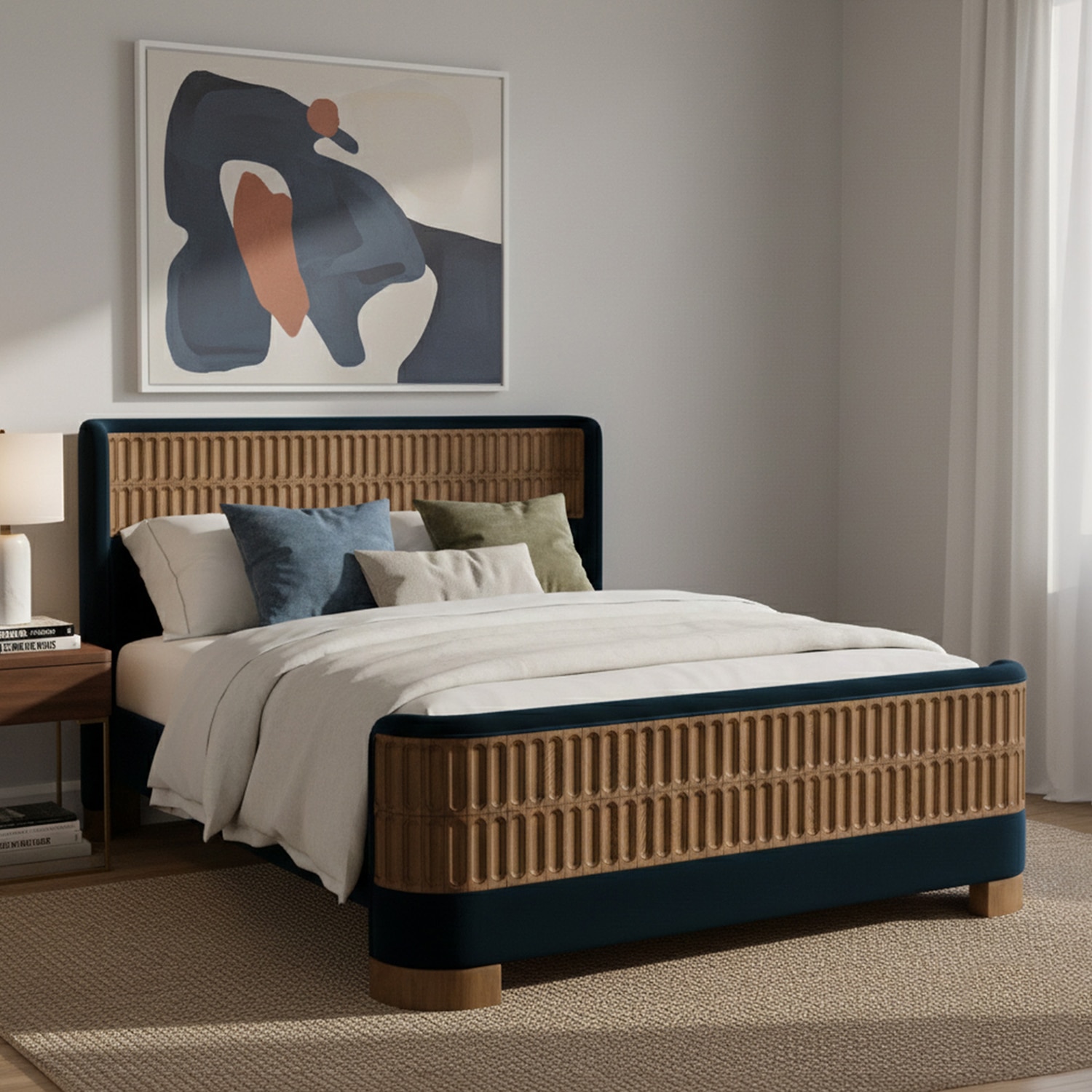 Heritage Cane Upholstered King Size Bed in Linen With Oak wood Frame - Nestroots