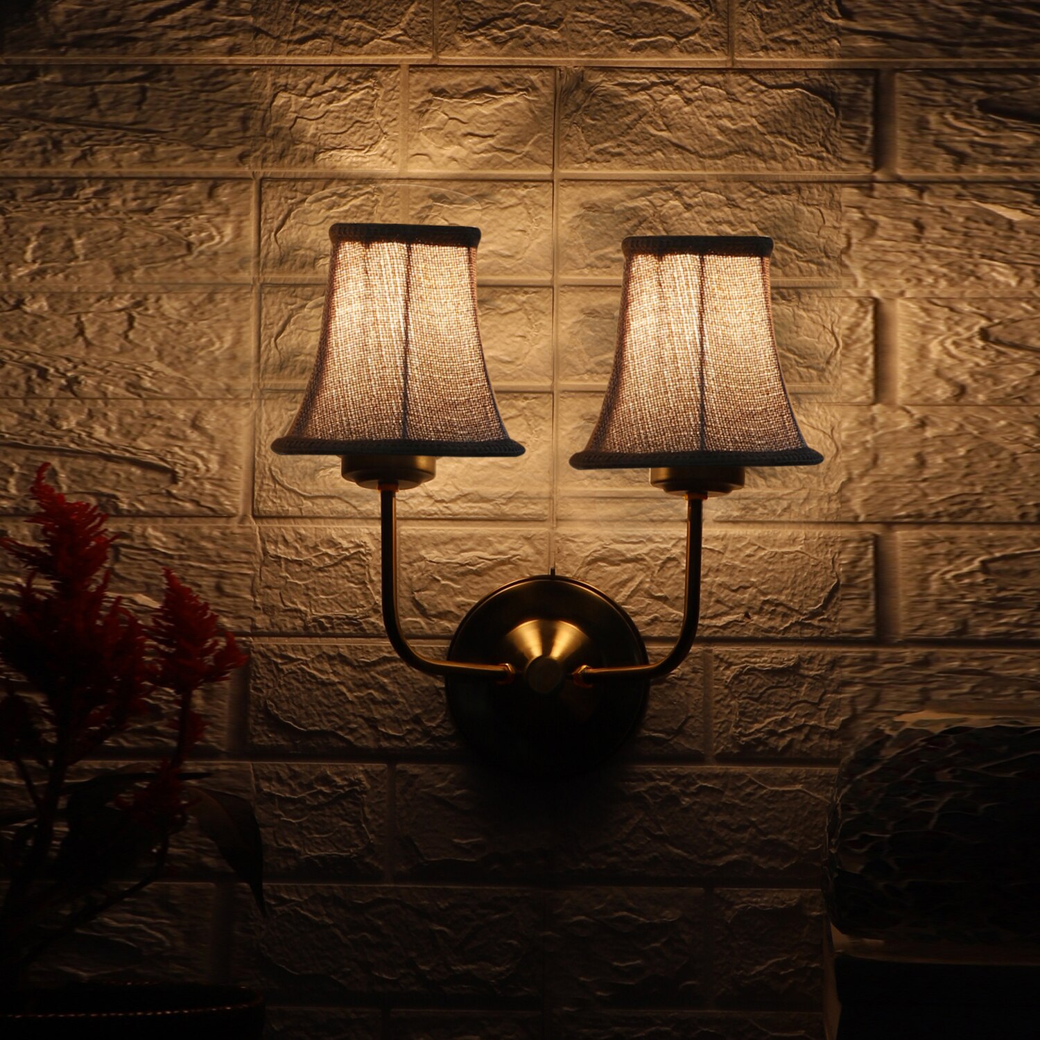 Devansh Dual Gold Metal  Wallmounted Lamp With Beige Jute  Shade
