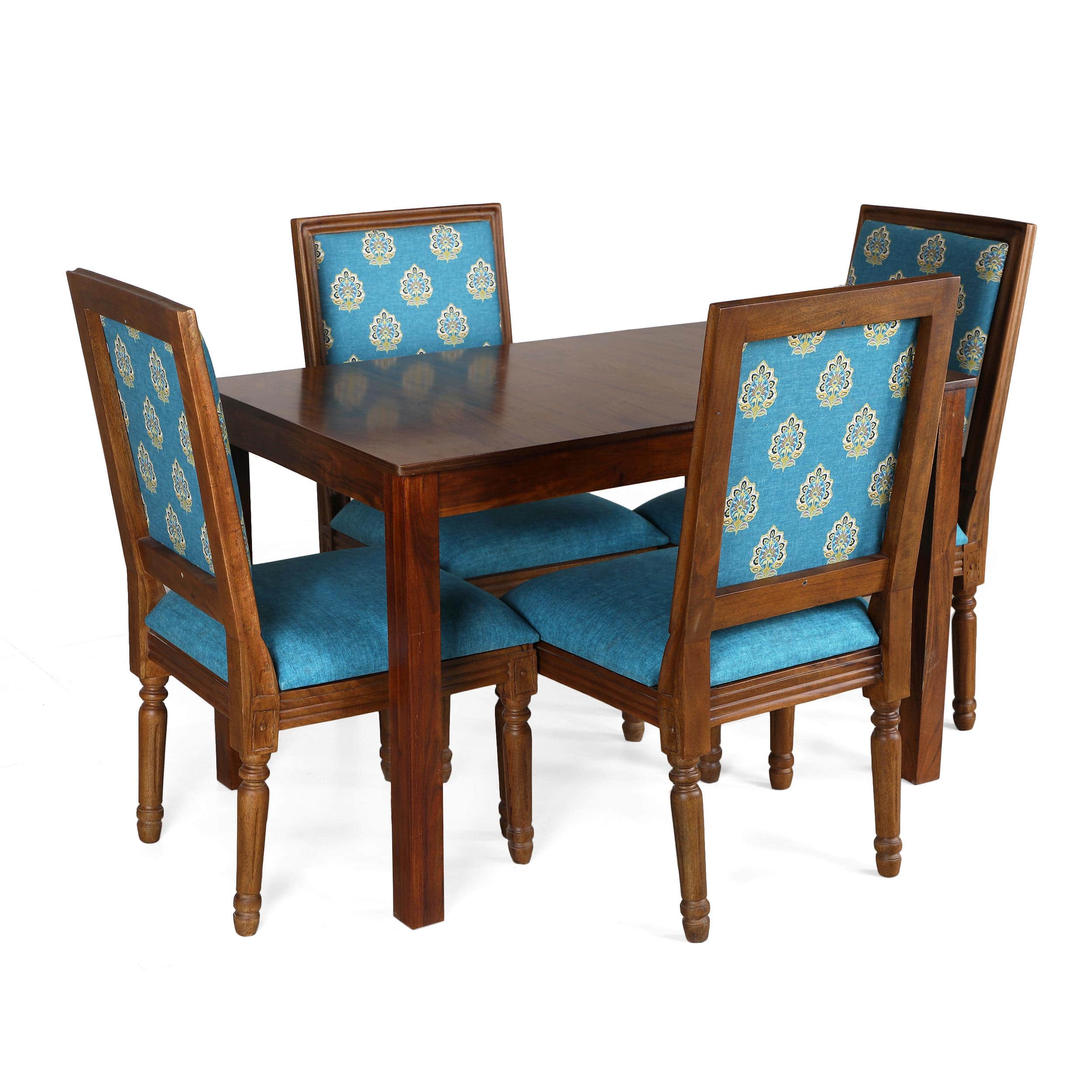 Globally Indian Sheesham Wood 4 Seater Dining Table Set With 4 Solid Wood Upholstered Chairs –  In Blue Color
