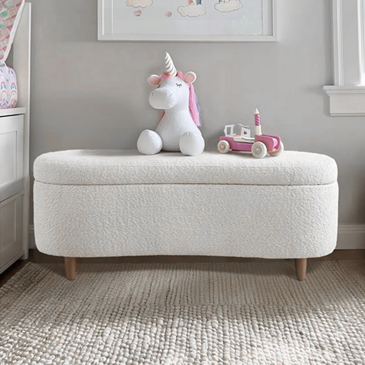 Leroj  Boucle 2 Seater Ottoman Bench with Storage  in White Color - Home Lifestylez