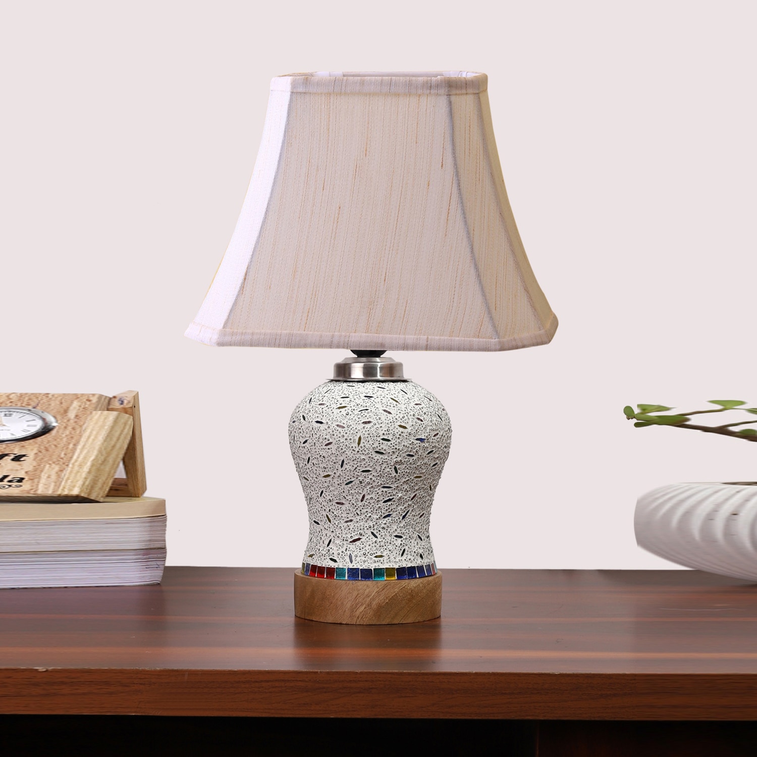 Devansh Off-White Cotton Rectangular Shade Lamp With Wood & Mosaic Glass Base For Decoration/Office/Home/Gifting/Study For Decoration/Office/Home/Gifting/Study - Devansh