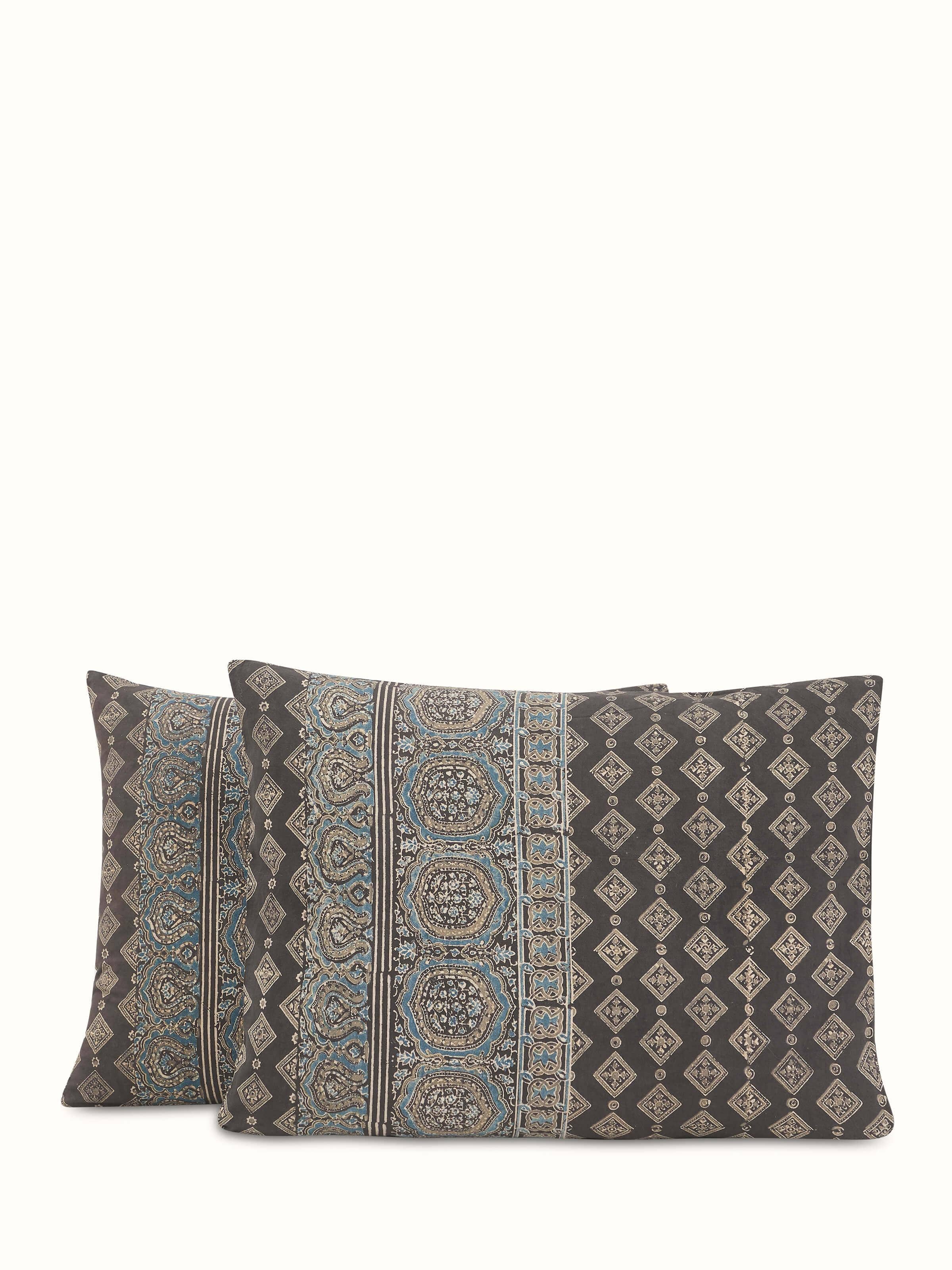 Folded view of Sindh dark brown jaal cotton Ajrakh block printed king bedspread set (3 pcs) displaying the overall print design and fabric.