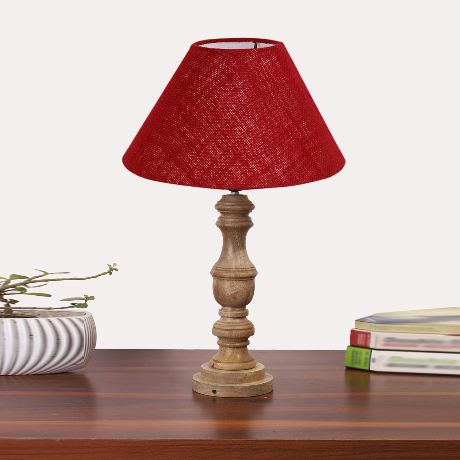 Devansh Maroon Jute Table Lamp With G Wood Natural Base (10X18 Inches)-36 - Devansh