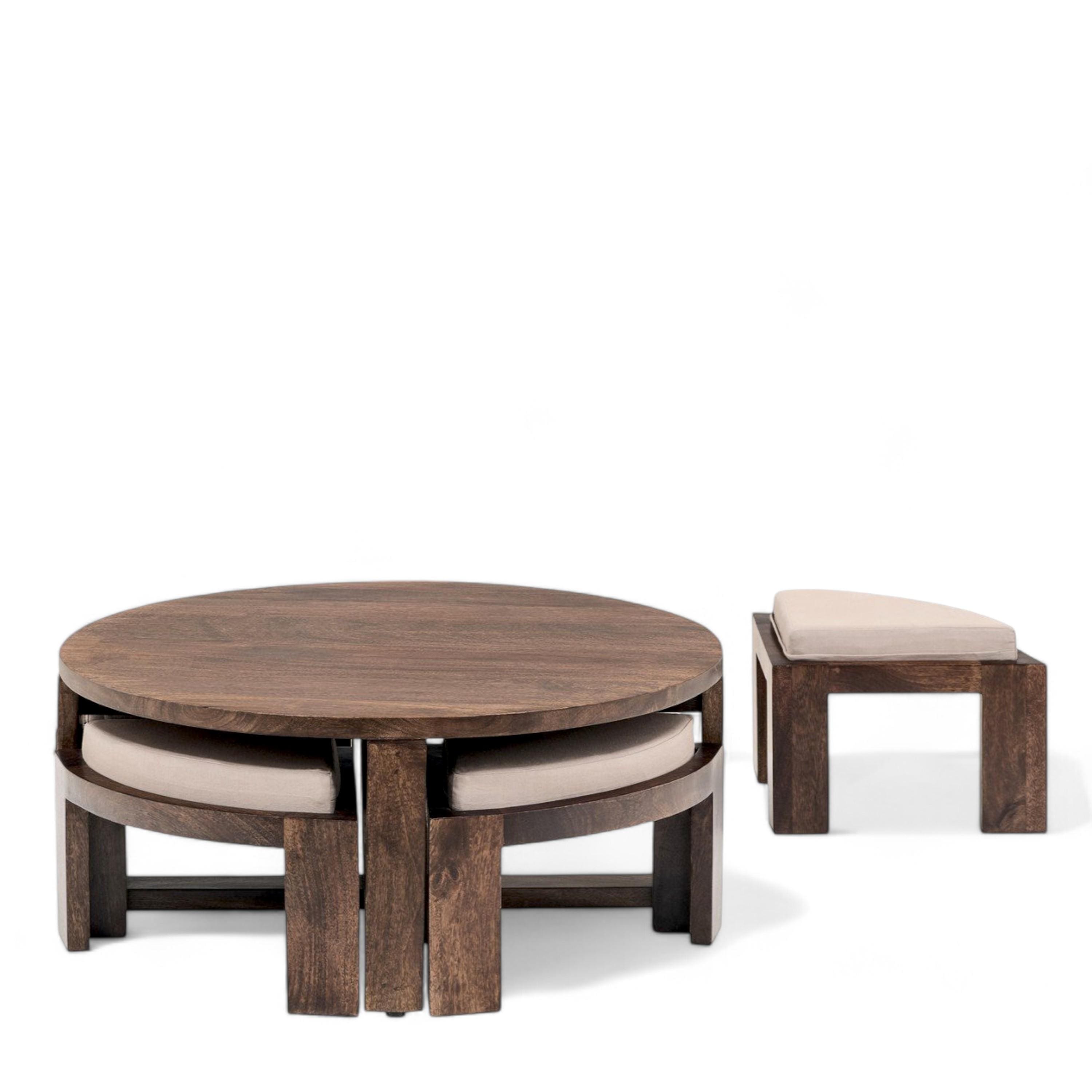 Nashville Sheesham Wood Accent Coffee Table Set With 4 Stools In Provincial Teak Finish With Beige Velvet Cushions