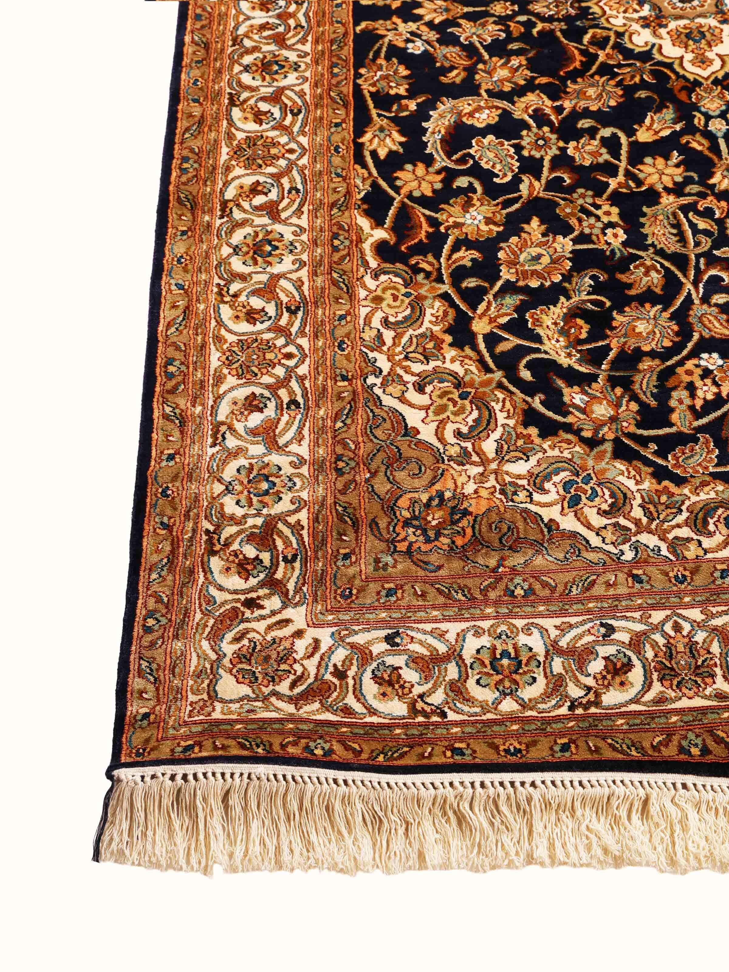 Traditional Persian Navy Beige Kashan Kashmir Silk Hand-Knotted Carpet
