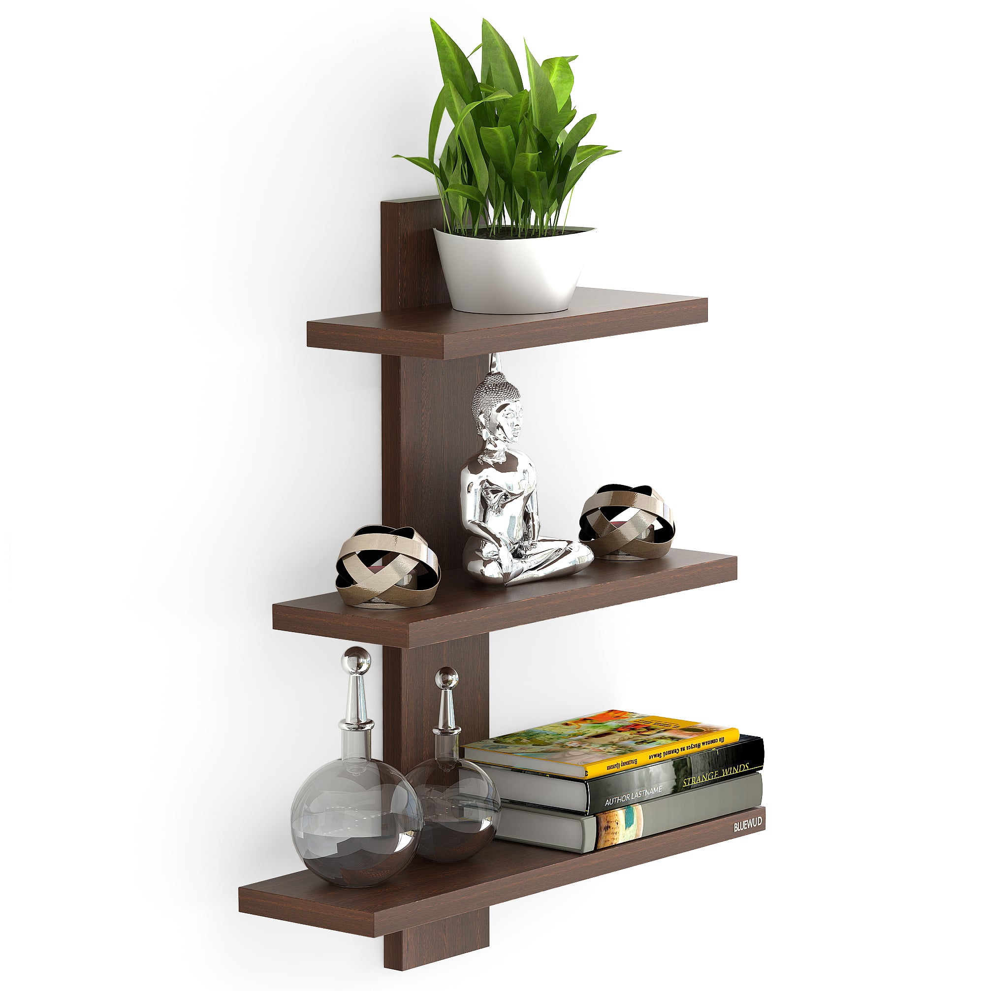 BLUEWUD Phelix Engineered Wood Wall Decor Floating Shelf Display Rack Decorative Hall D�cor for Living Room Home Furniture 3 Shelves (Wenge)