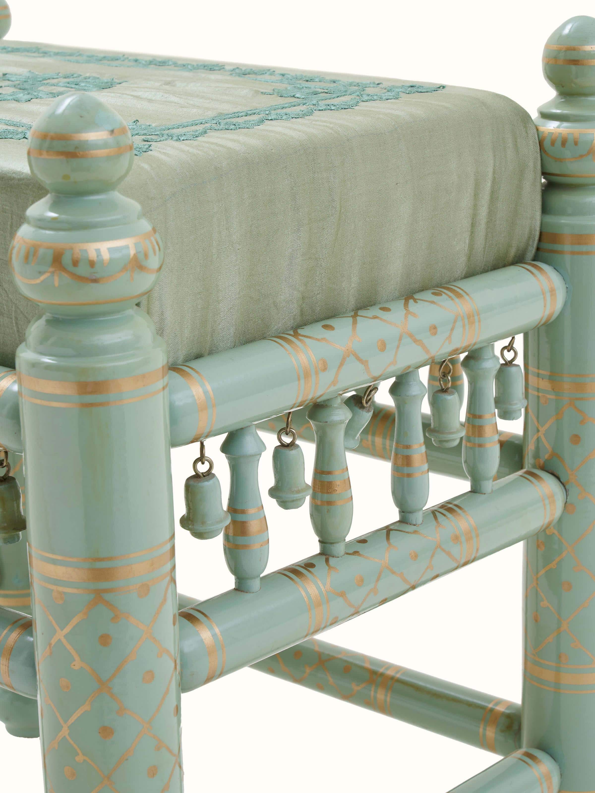 Detailed view of Upholstered Teak Wood Sankheda Square Stool focusing on the wood craftsmanship