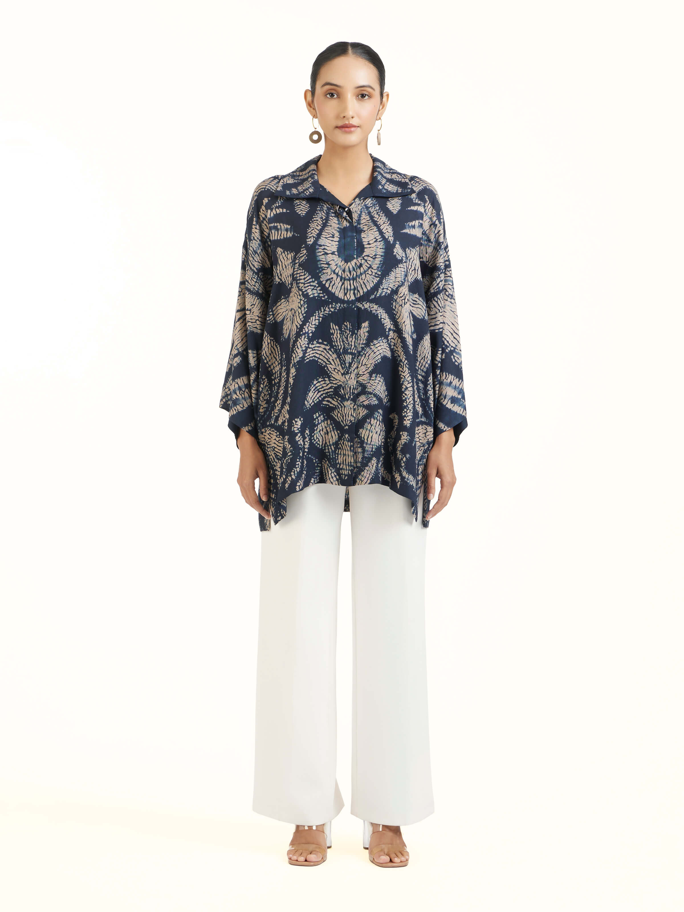 Front view of blue modal shibori shirt showcasing handcrafted shibori patterns