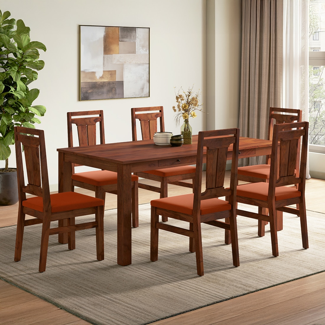 Arlo Teak Wood 6 Seater Storage Dining Table Finish - Teak with Tessa Dining chair Set