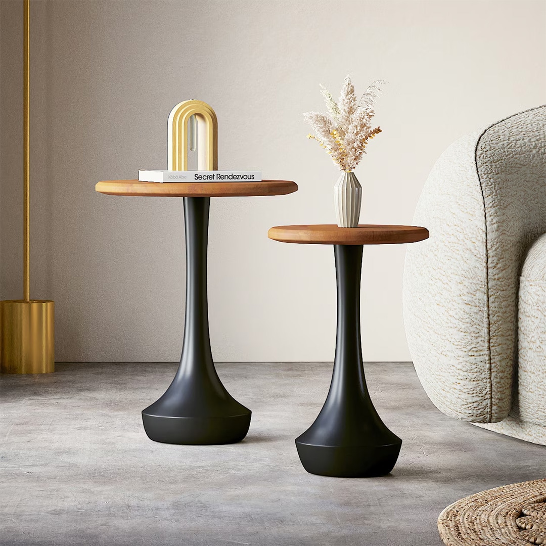 Calla Solid Wood Side Tables Set of 2 in Dual Tone Amber Walnut and Black Finish