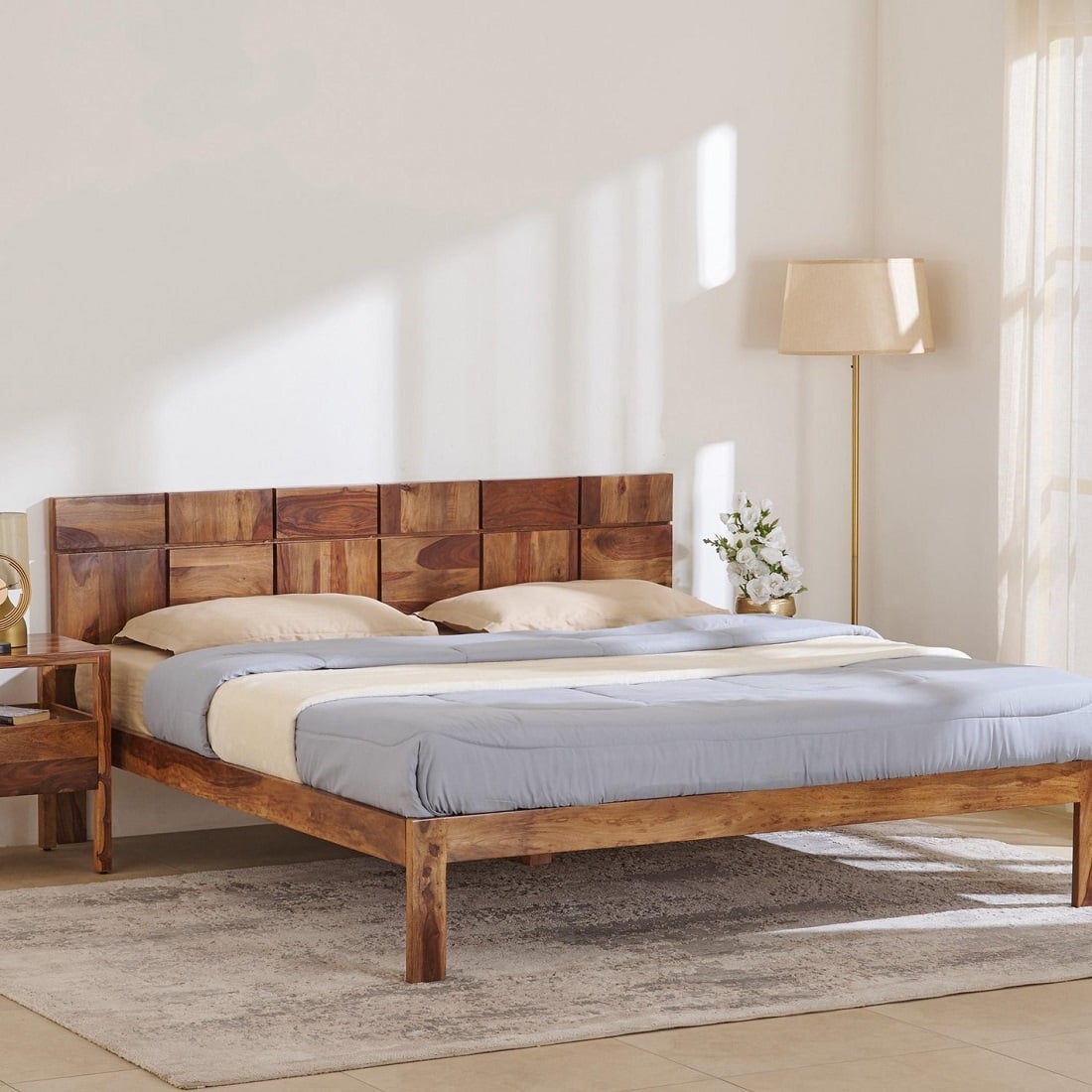 Baare Solid Wood King Size Bed In Natural Teak Finish - Demiwall