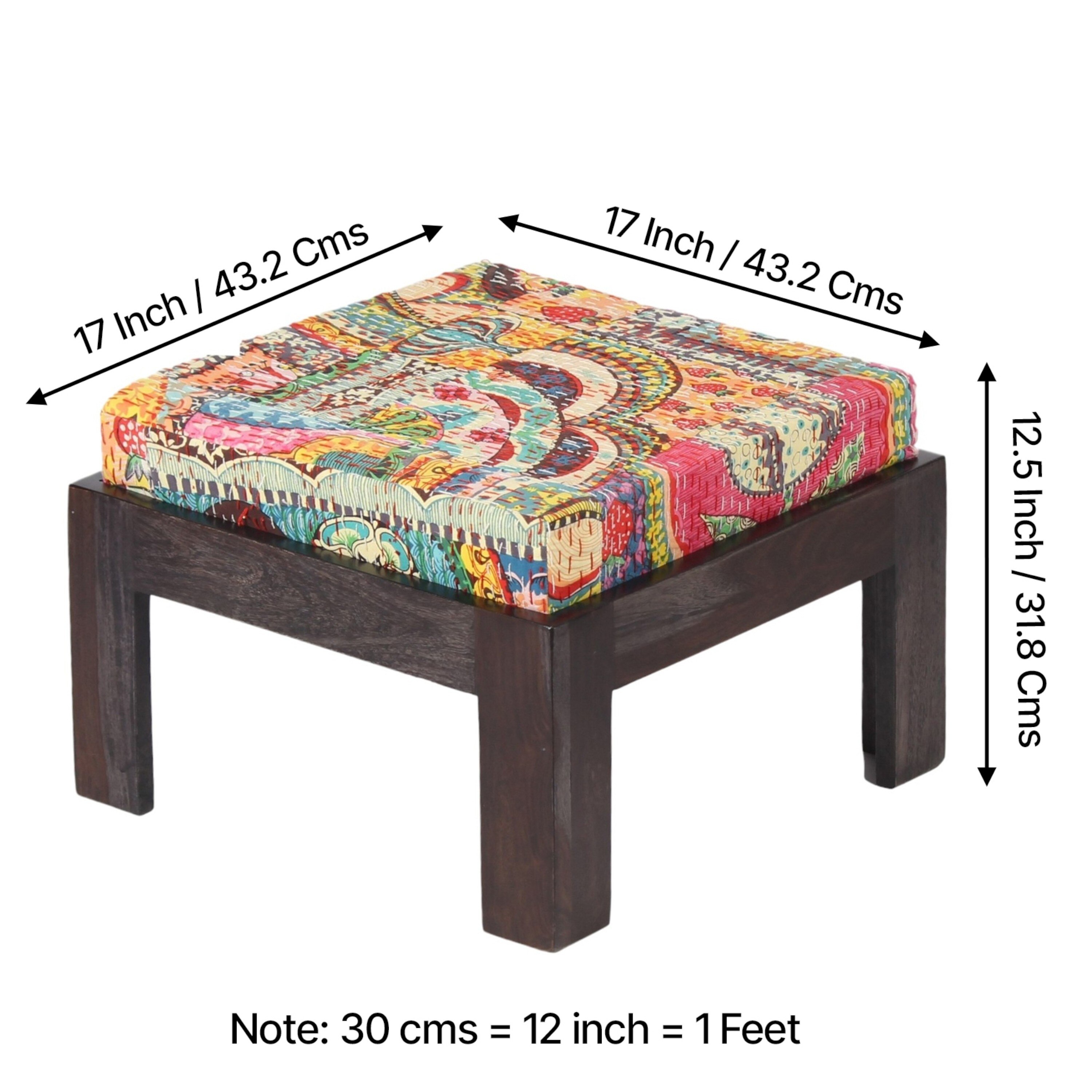 Irish Sheesham Wood Coffee Table With 2 Stools Set In Mahogany Finish & Multi Colour Israel Print Kantha Fabric Cushions