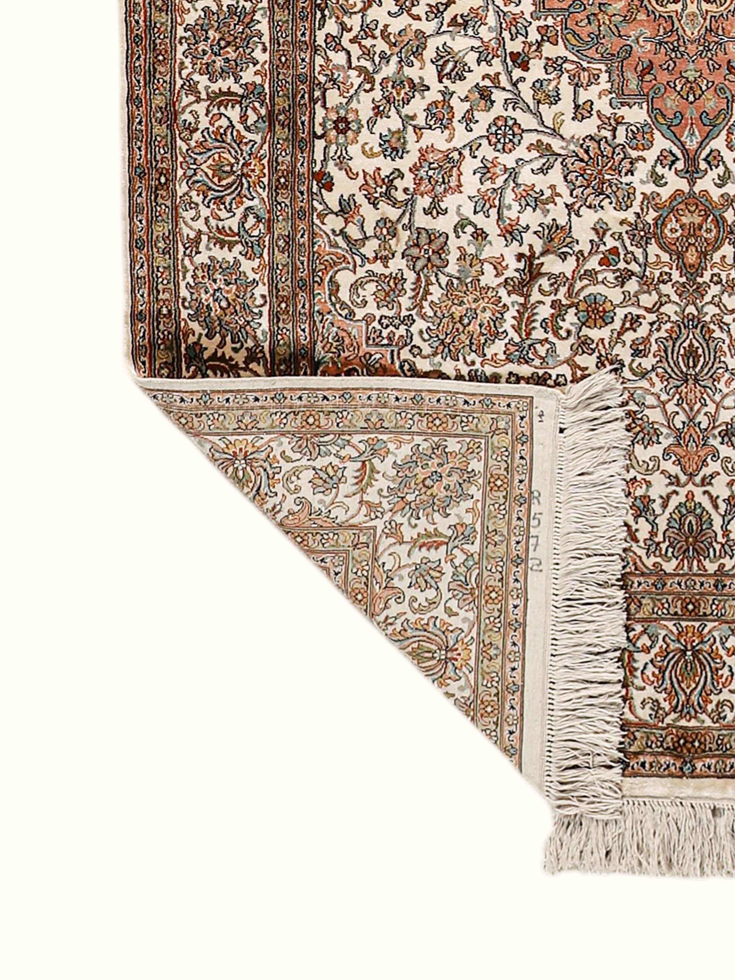Traditional Persian Ivory Lt. Pink Kashan Kashmir Silk Hand-Knotted Carpet