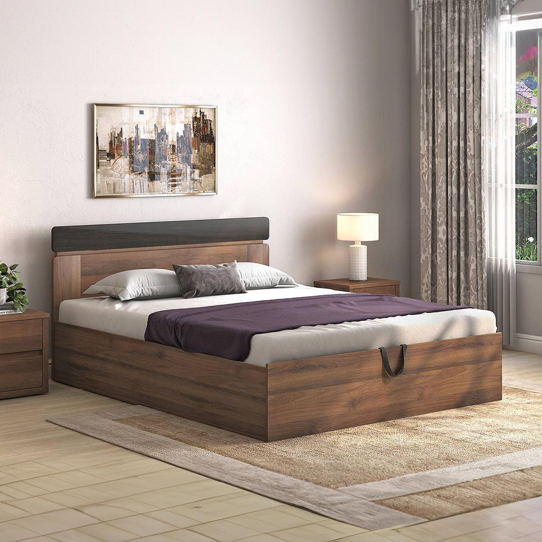 Aruba Engineered Wood King Size Hydraulic Storage Bed In Classic Walnut Finish