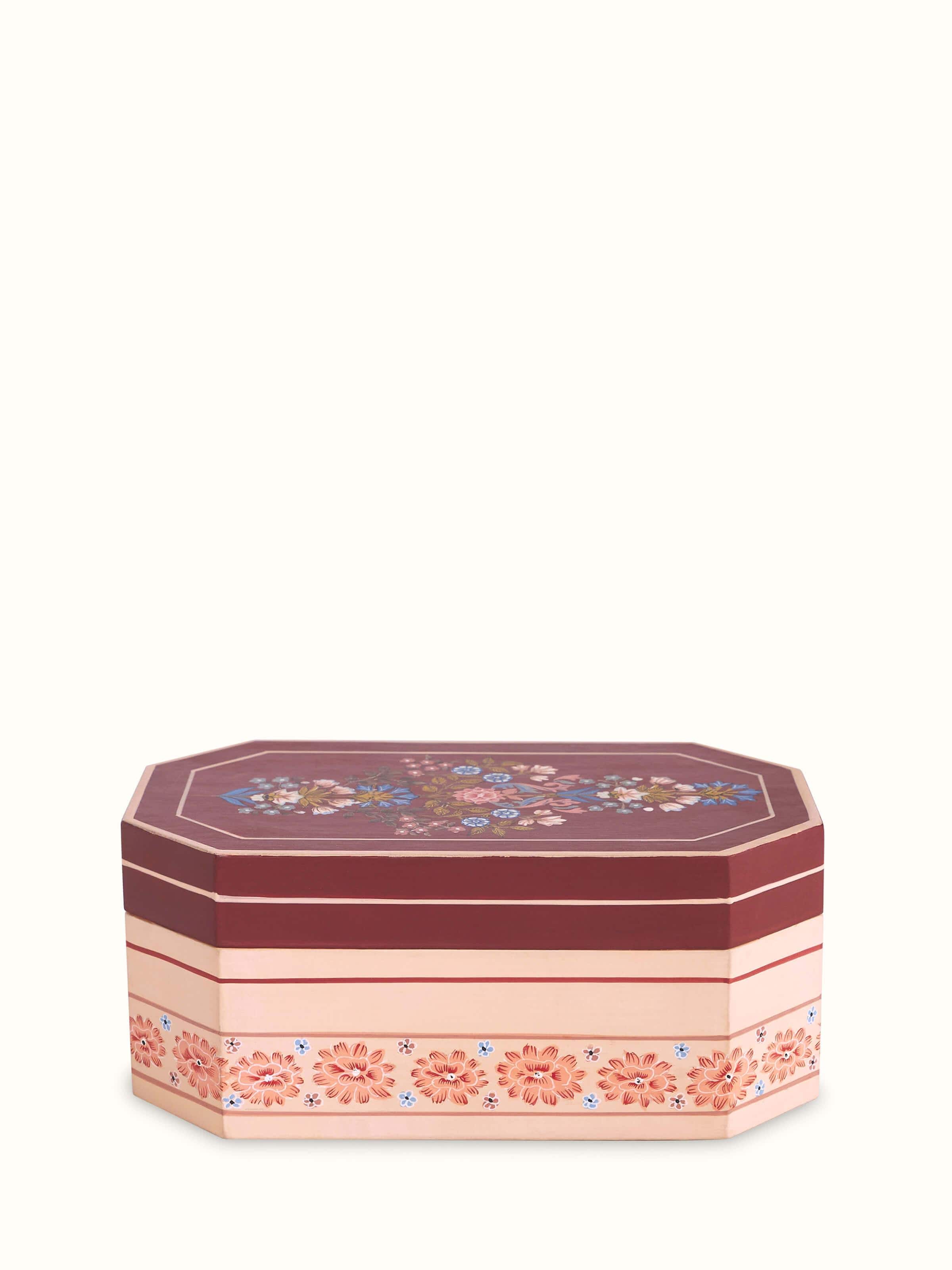 Marquetry papier-mache and wood decorative container with intricate designs and vibrant colors.