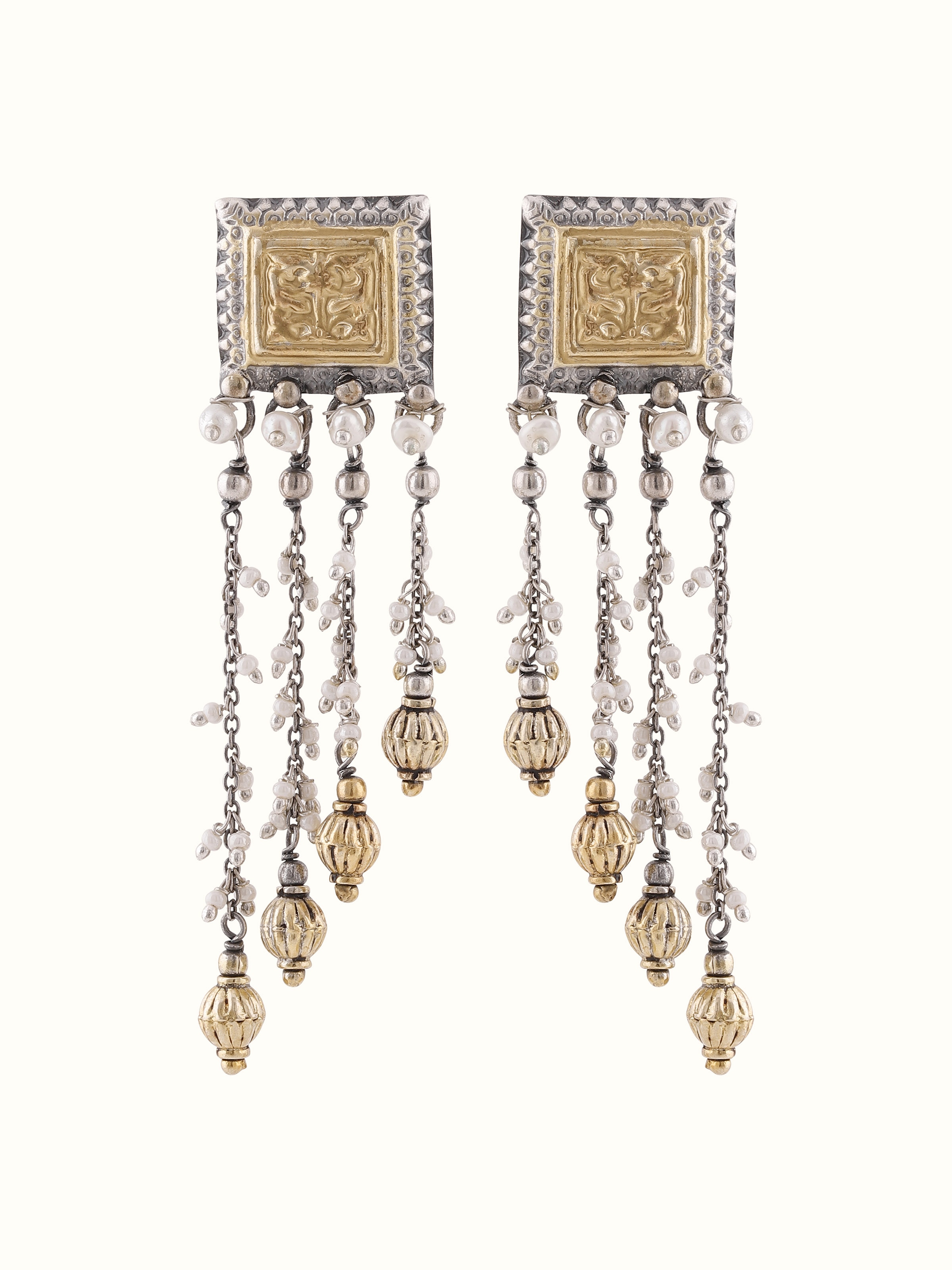 Front view of silver smithing drop earrings